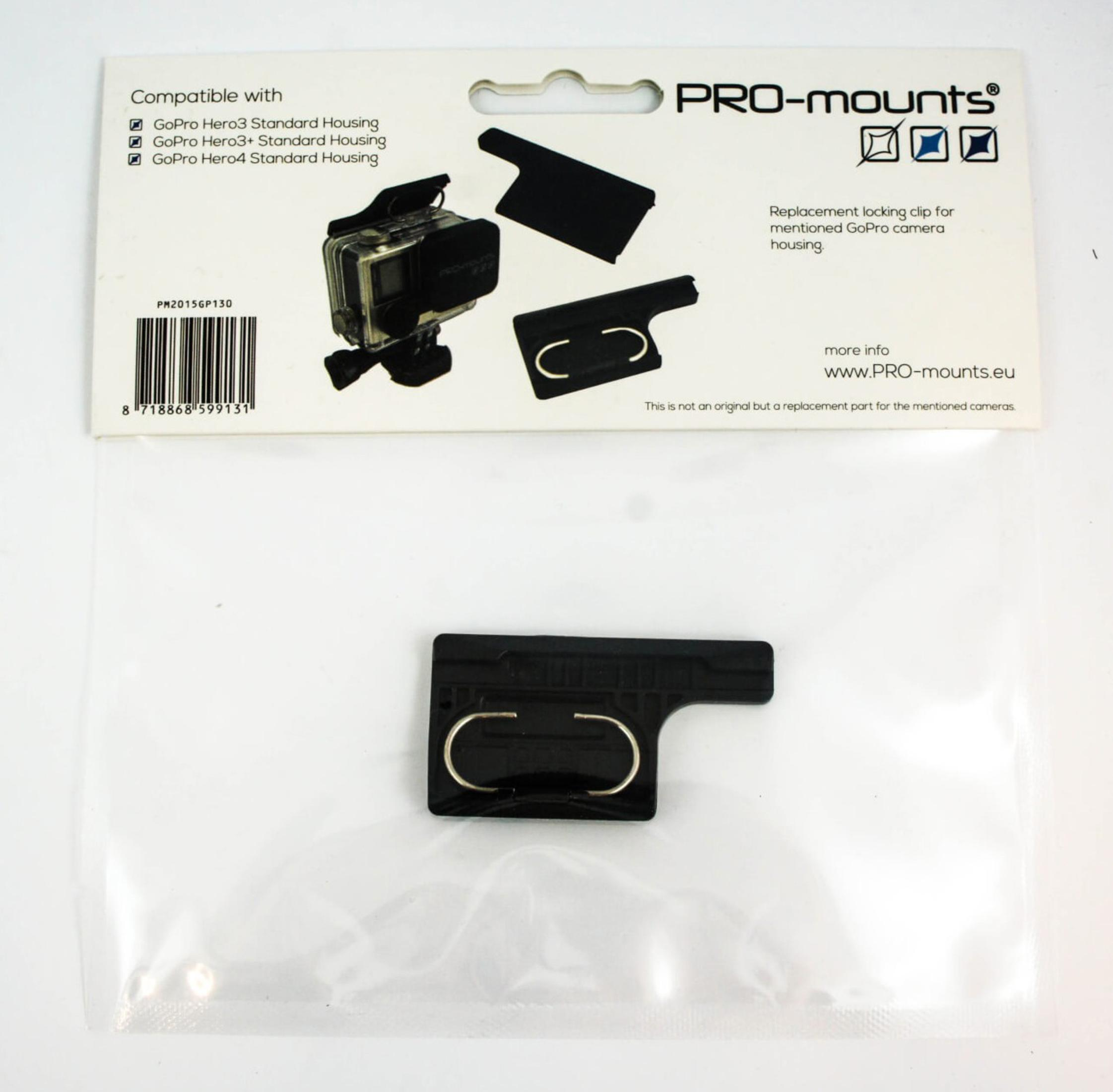 Eine Pro-mounts-Verpackung mit einer GoPro-Kamera und Zubehör. Der Hintergrund ist weiß.