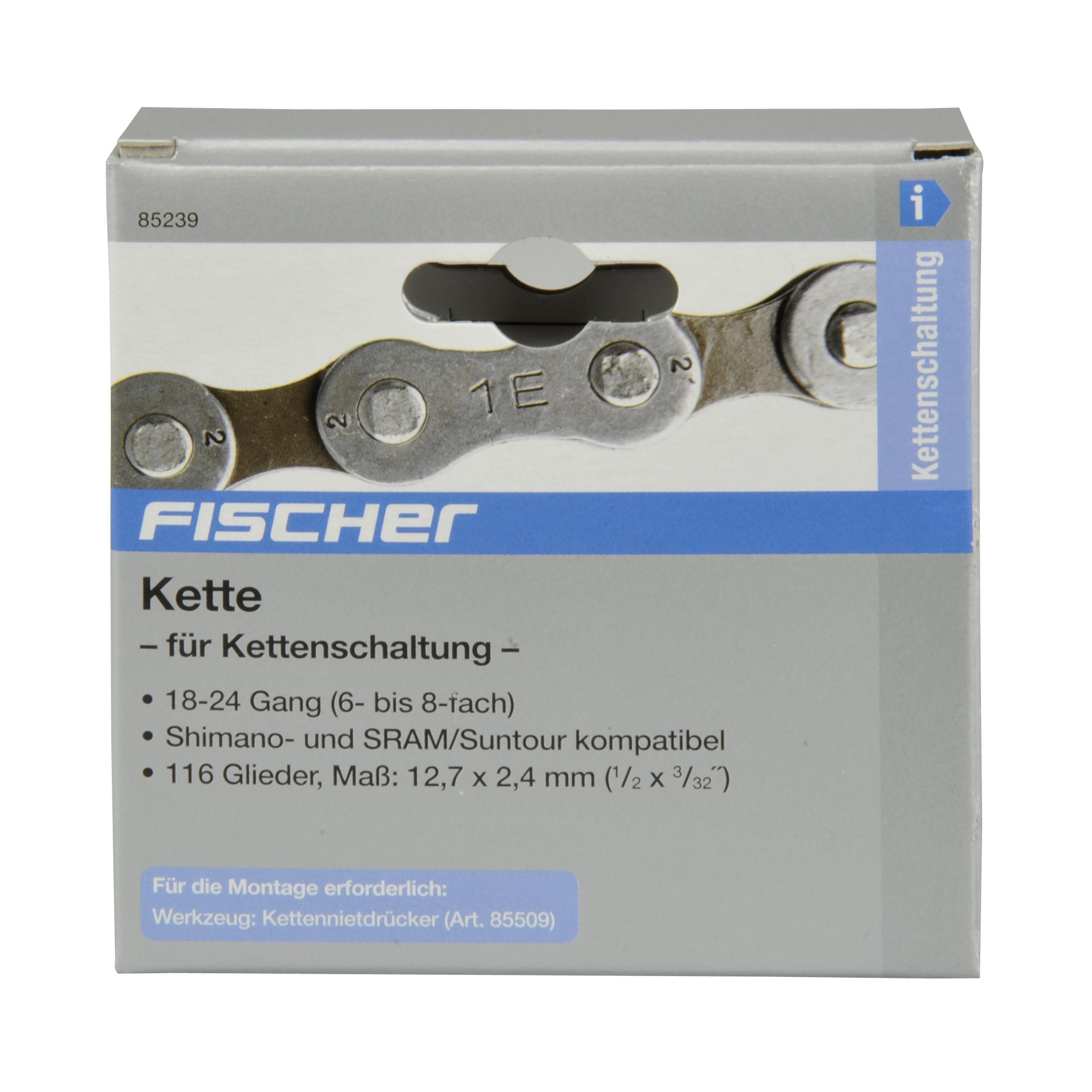 Fahrradkette von Fischer in einer Schachtel mit deutschem Text, weißer Hintergrund.