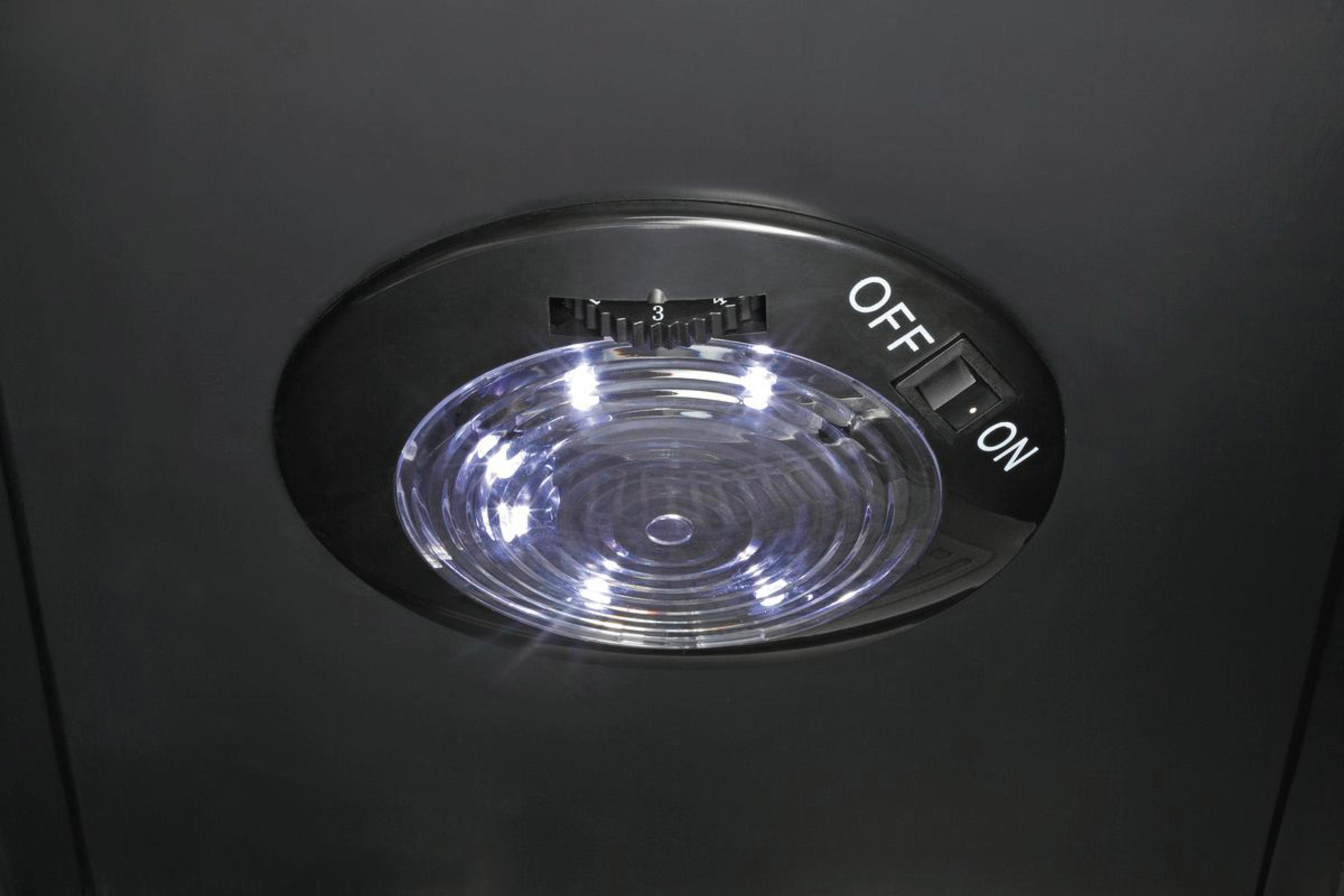 Nahaufnahme einer schwarzen, kreisförmigen Leuchte mit Ein-/Ausschalter und Dimmer.