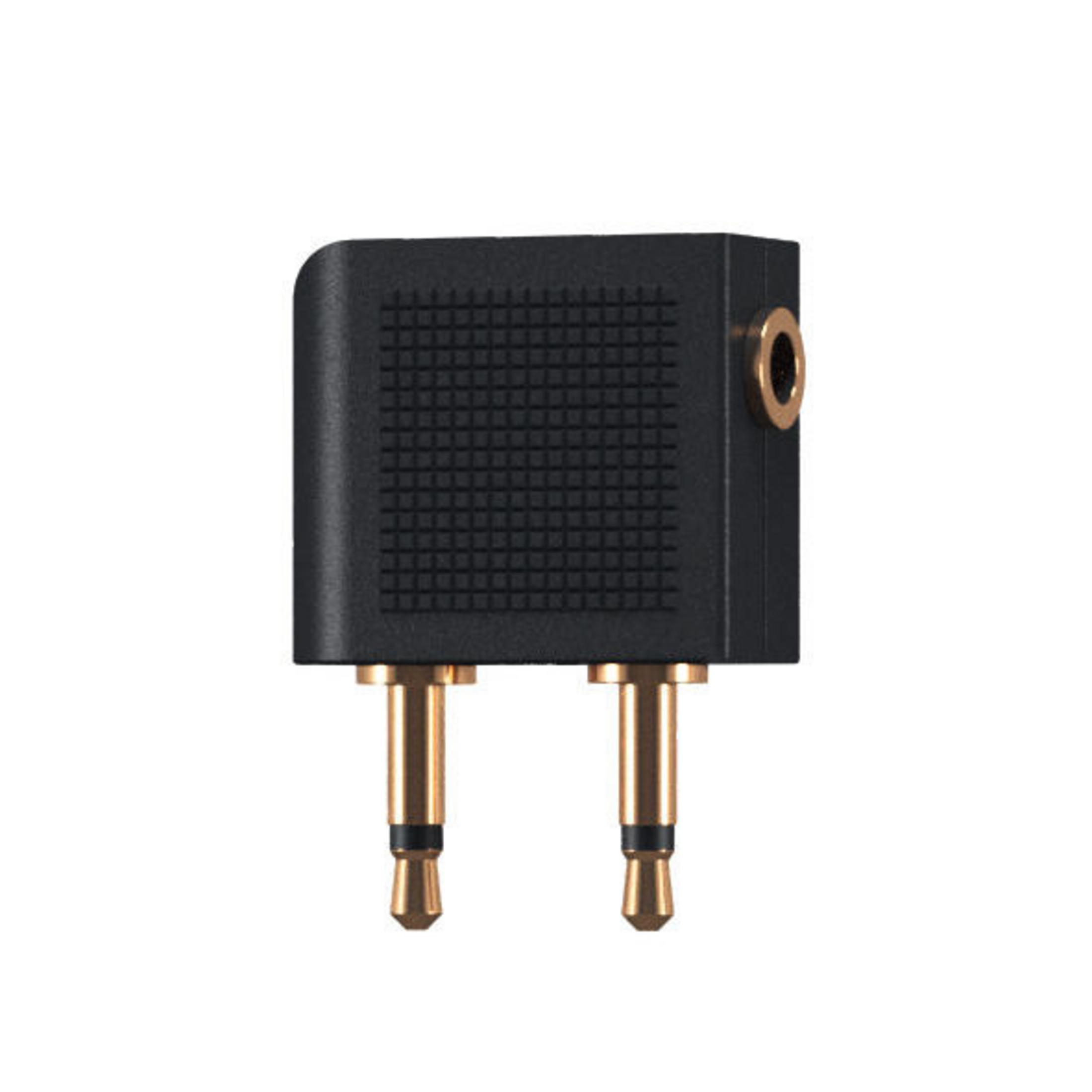 Ein schwarzer Audioadapter mit zwei goldfarbenen Steckern und einer Buchse.