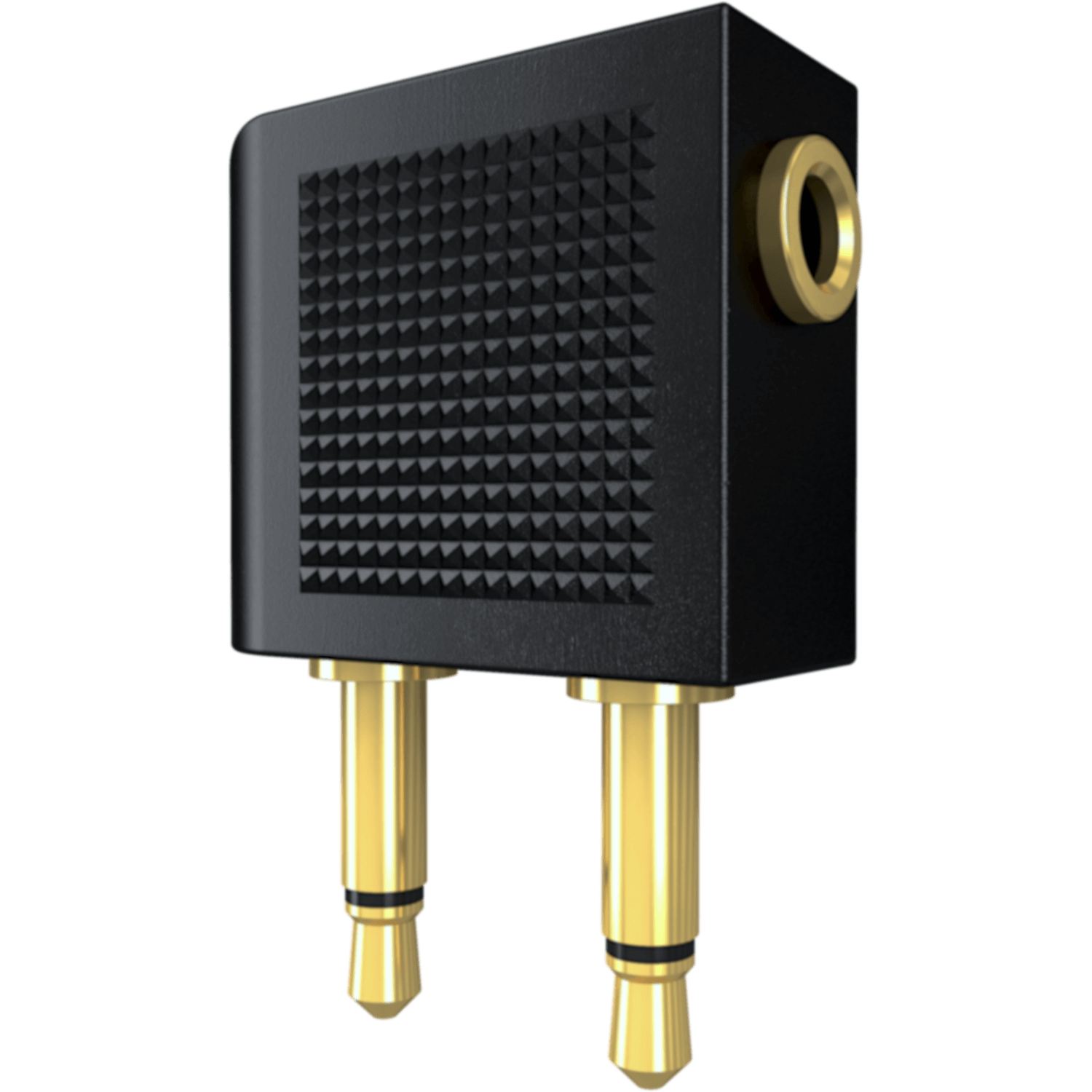 Ein schwarzer Audioadapter mit zwei goldfarbenen Steckern und einer Buchse.