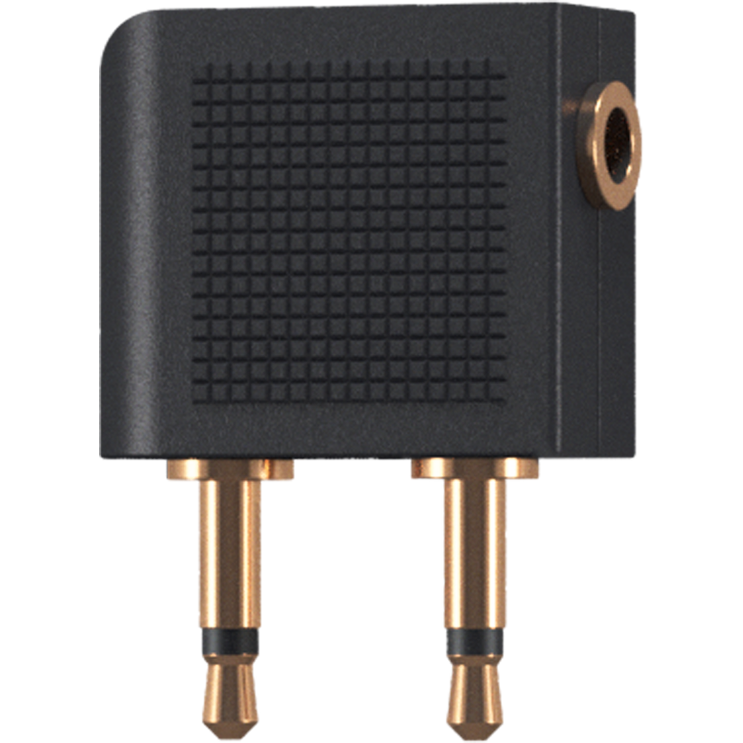 Ein schwarzer Audioadapter mit zwei goldfarbenen Steckern und einer Buchse.