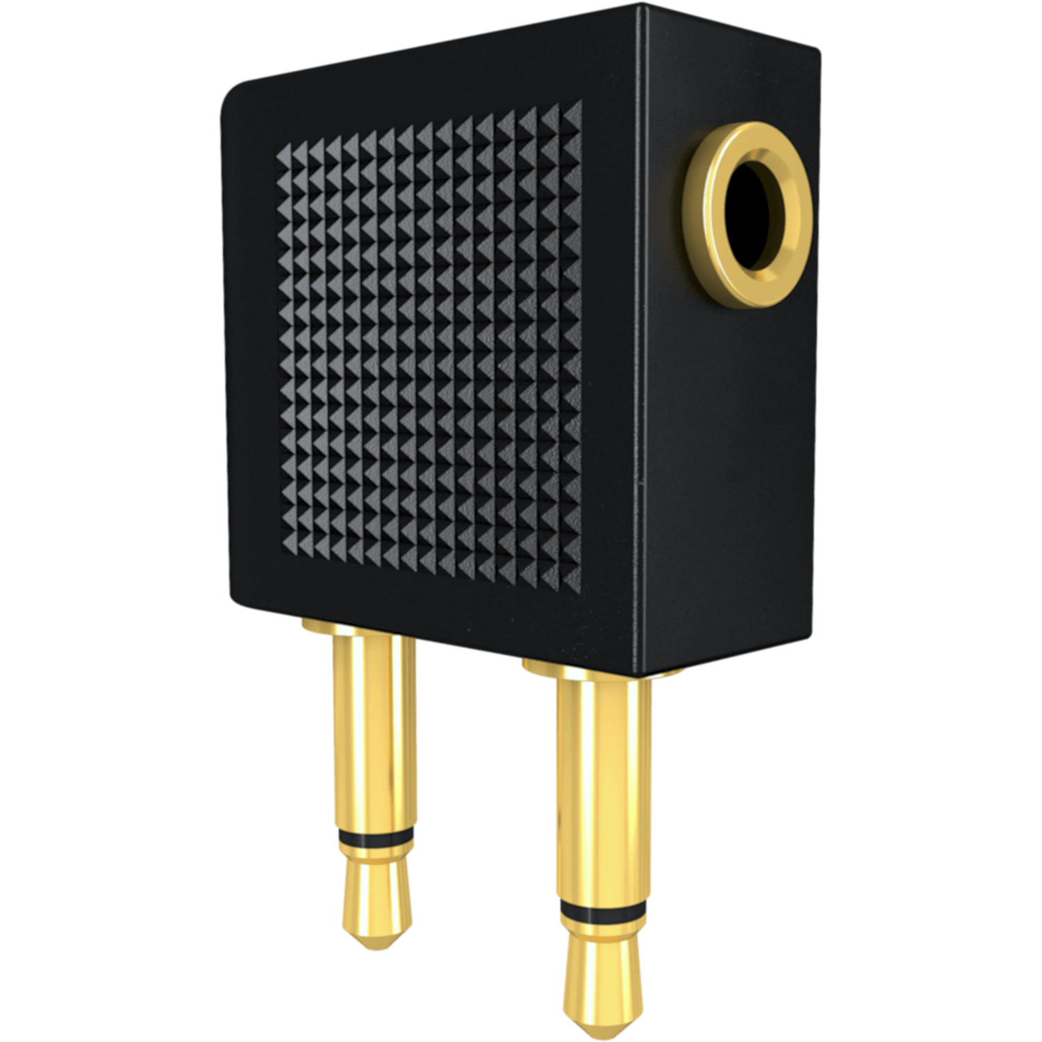Ein schwarzer Audioadapter mit zwei goldfarbenen Steckern und einer Buchse.