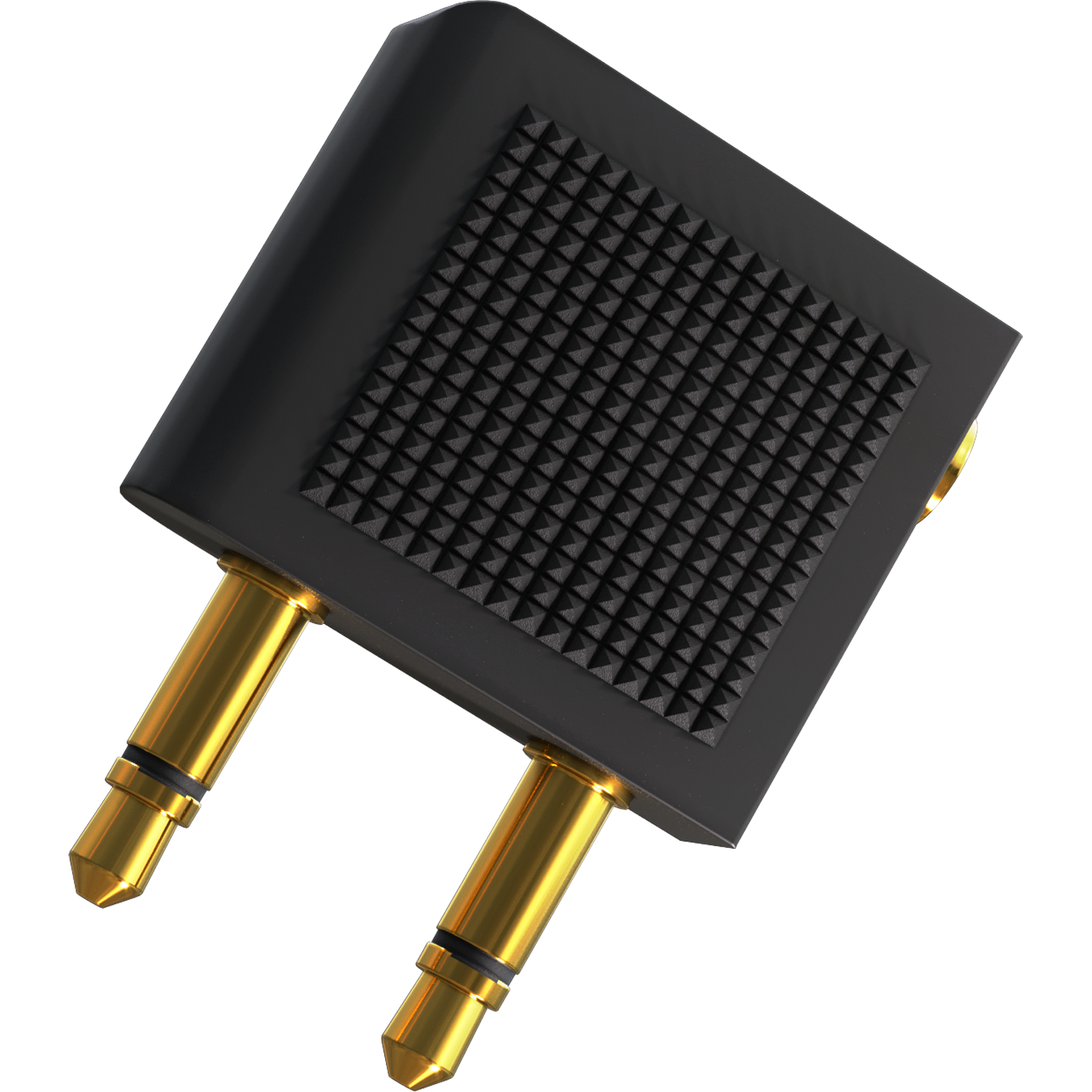 Ein schwarzer Audioadapter mit zwei goldfarbenen Steckern und einer Buchse.