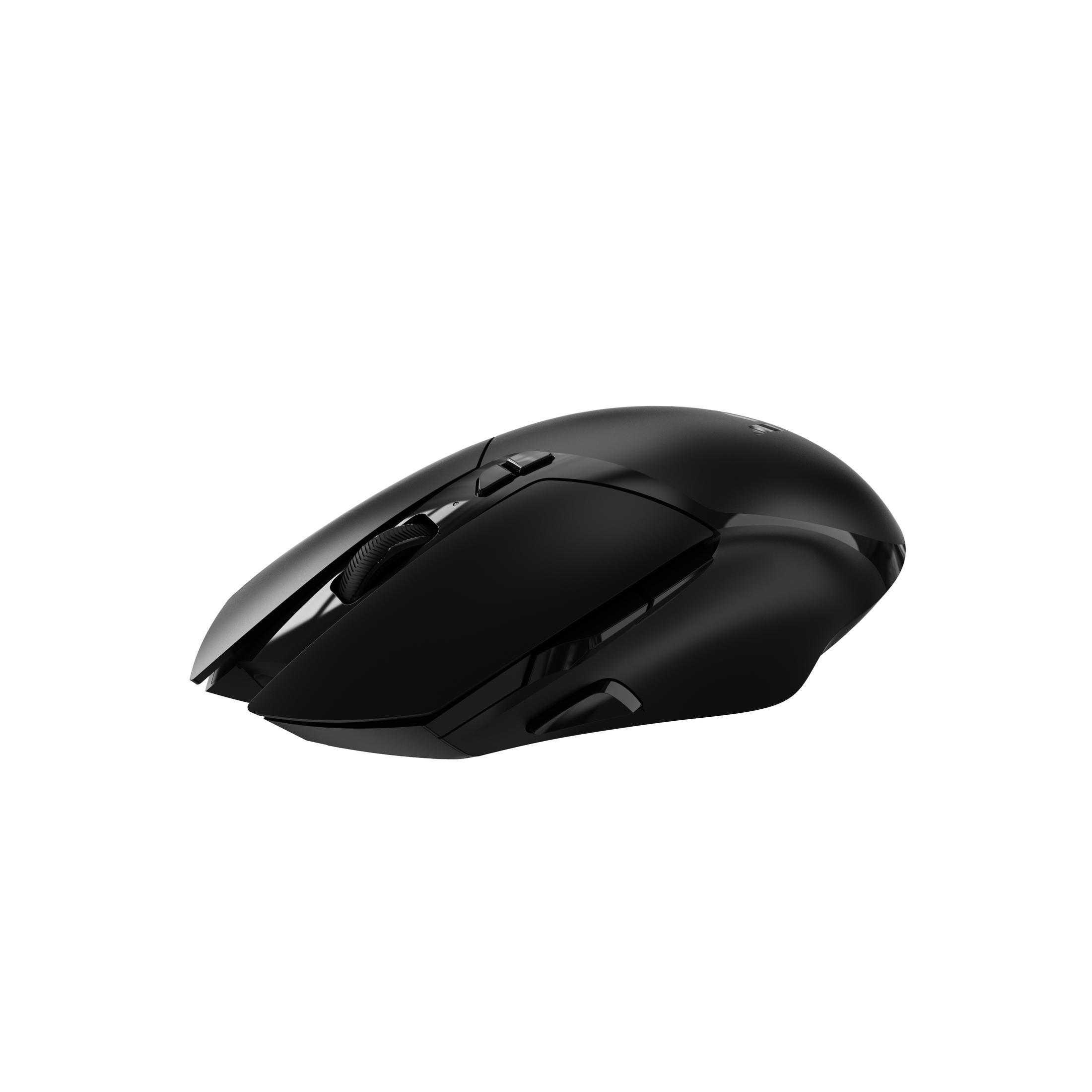 Schwarze Computermaus, Seitenansicht, auf weißem Hintergrund. Zeigt das ergonomische Design.