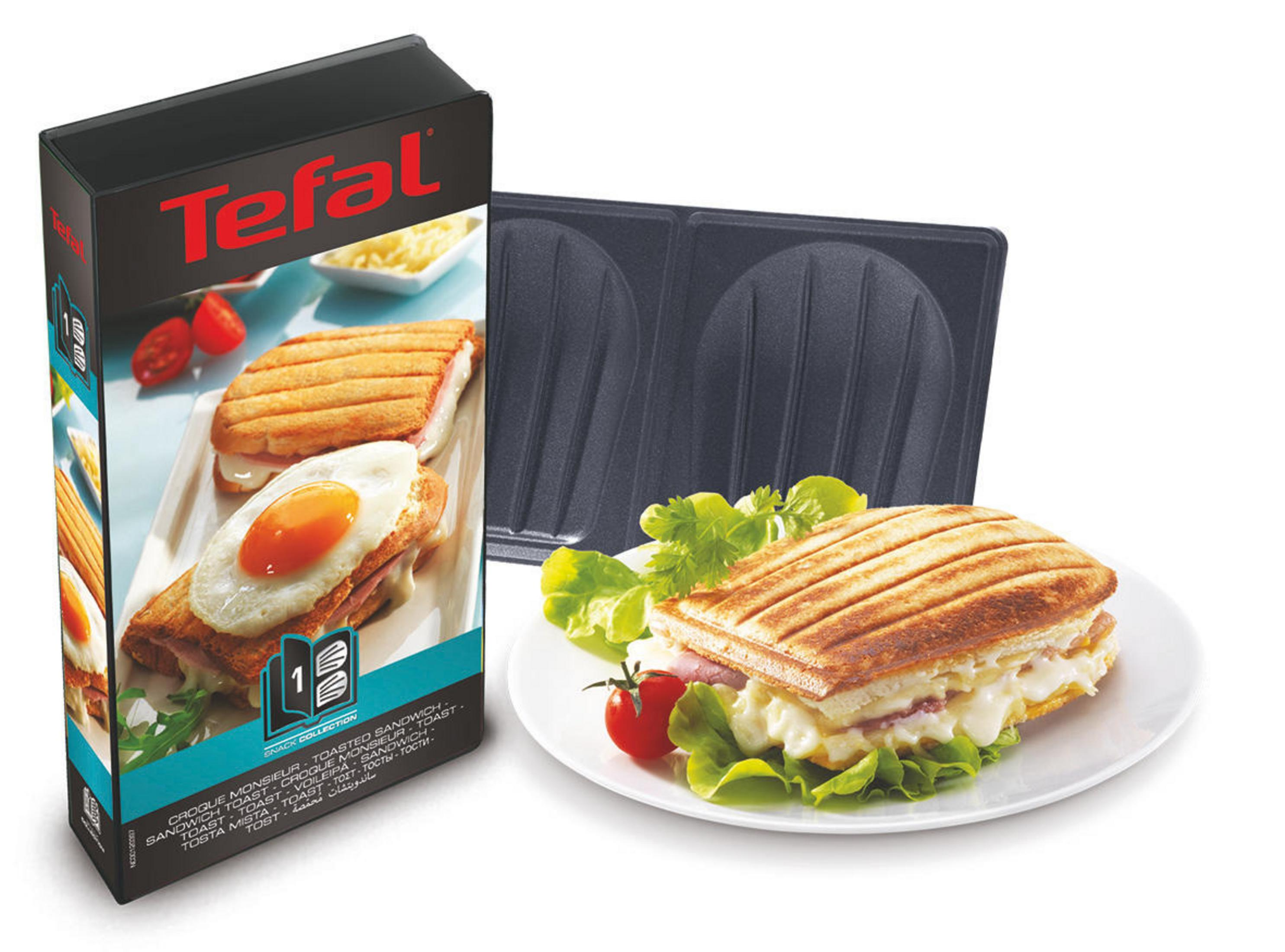 Ein Tefal-Sandwichmaker mit Sandwich auf einem Teller und einer Box mit Bildern.