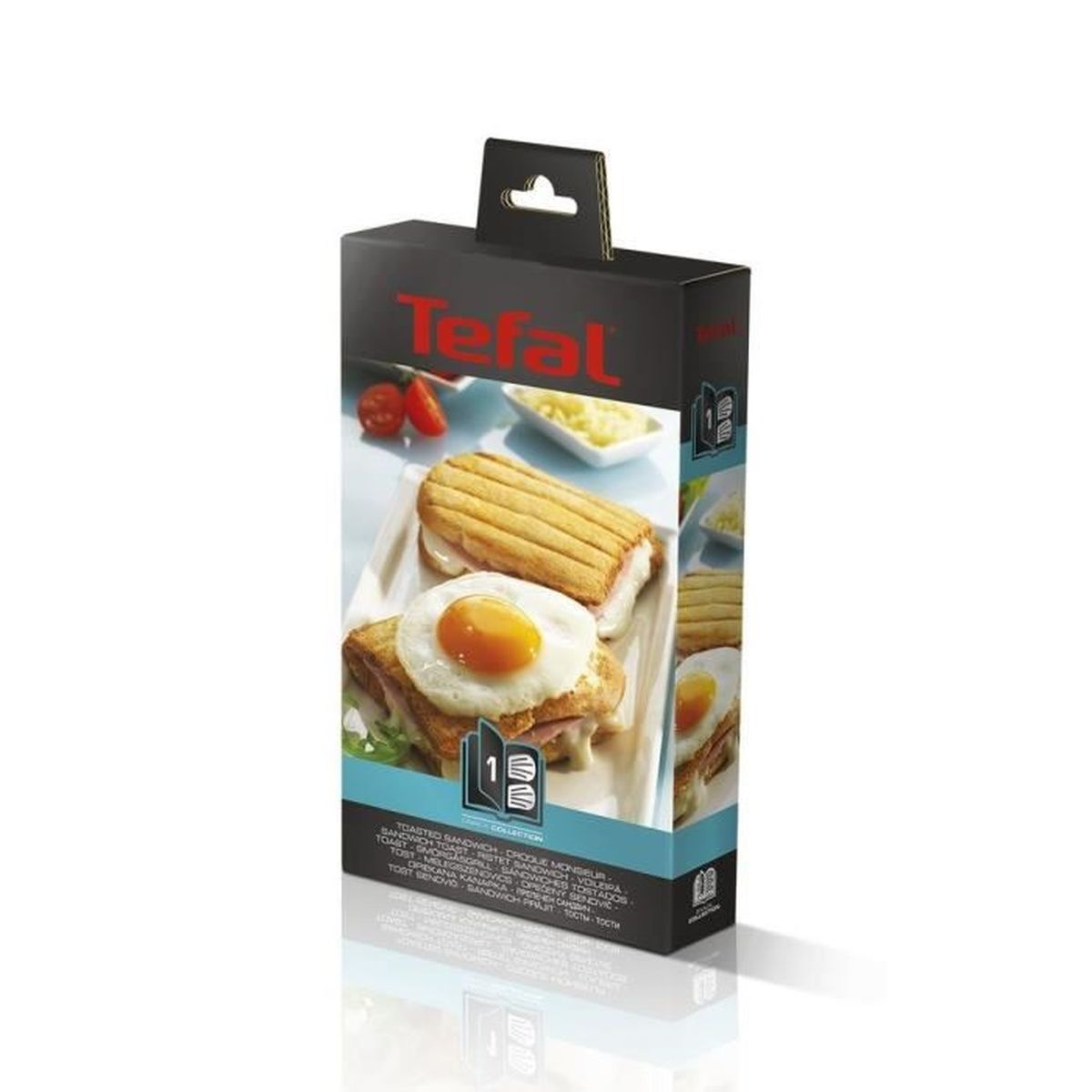 Eine Tefal Sandwichmaker-Box mit Bildern von Sandwiches und einem Ei.