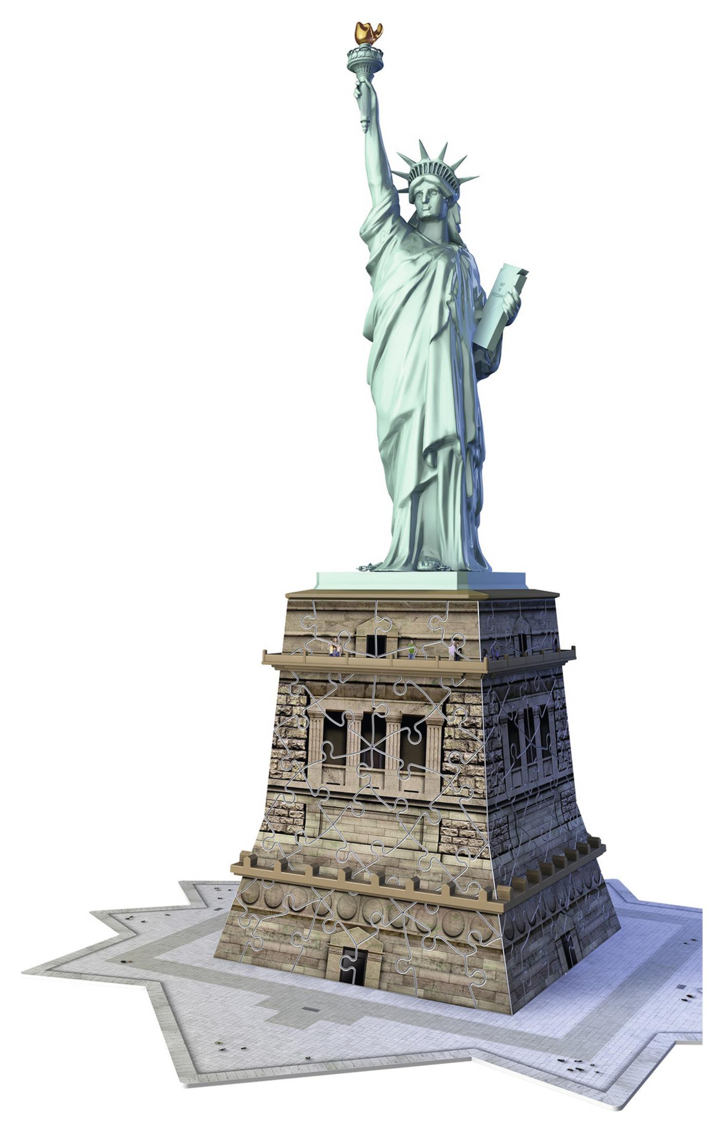Die Freiheitsstatue, ein 3D-Puzzle, auf weißem Hintergrund.