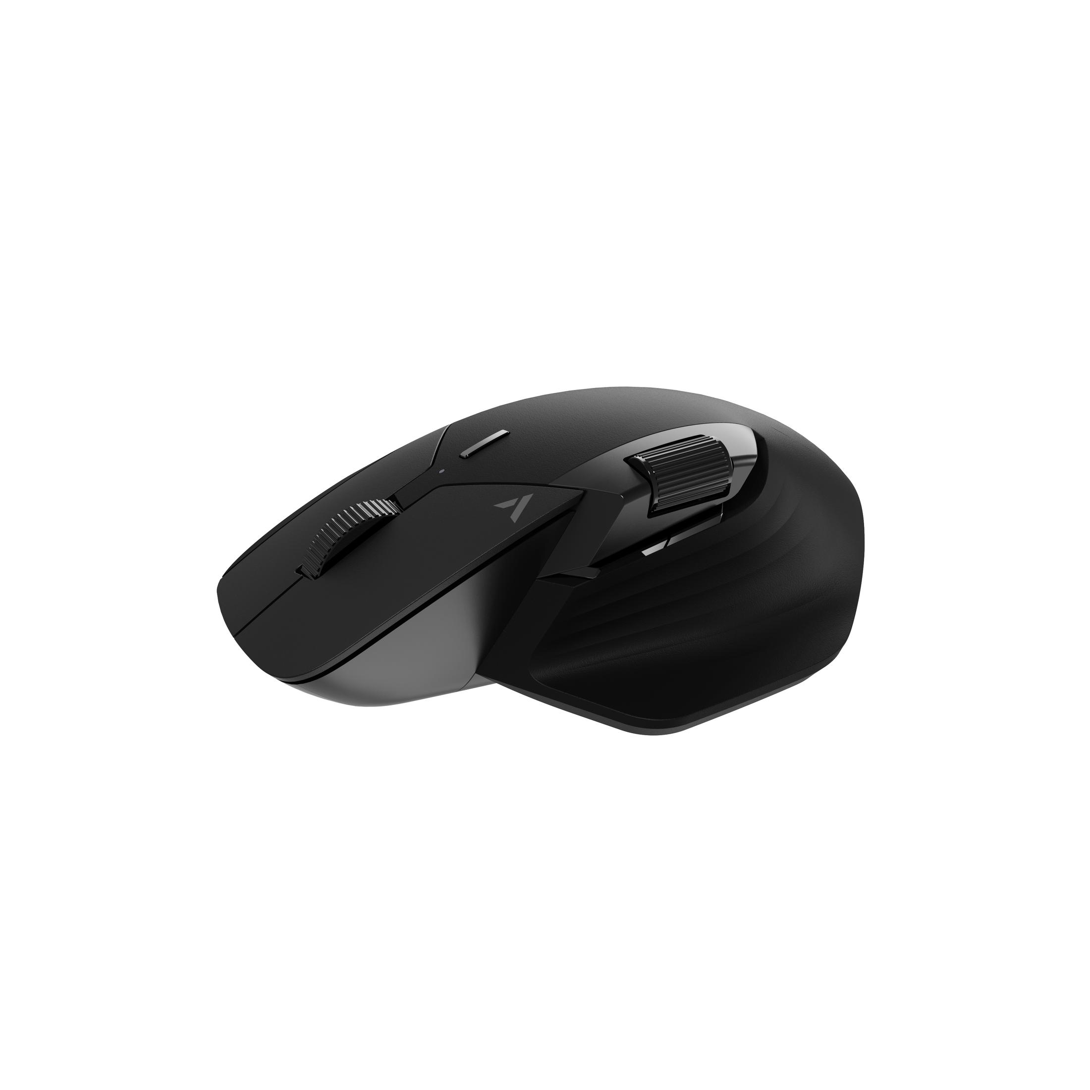 Schwarze Computermaus mit Scrollrad und Seitentasten, schräge Ansicht auf Weiß.