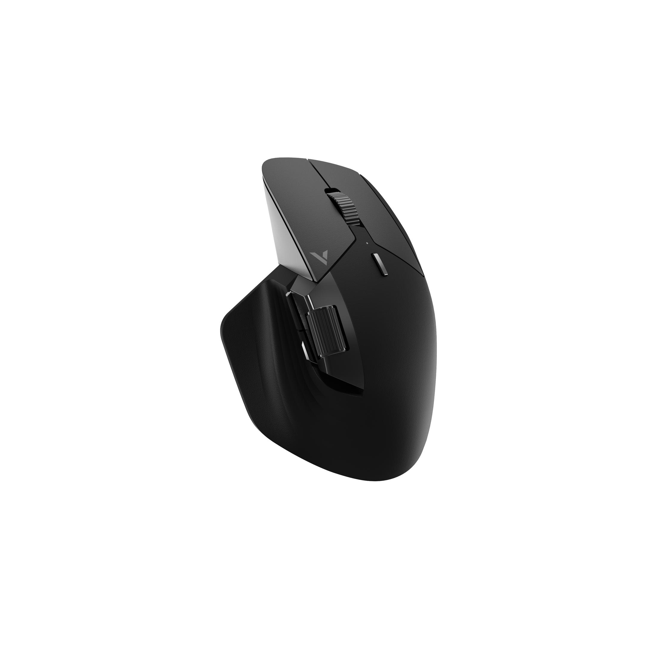 Schwarze ergonomische Maus. Sie hat ein Scrollrad und Tasten. Die Maus ist abgewinkelt.