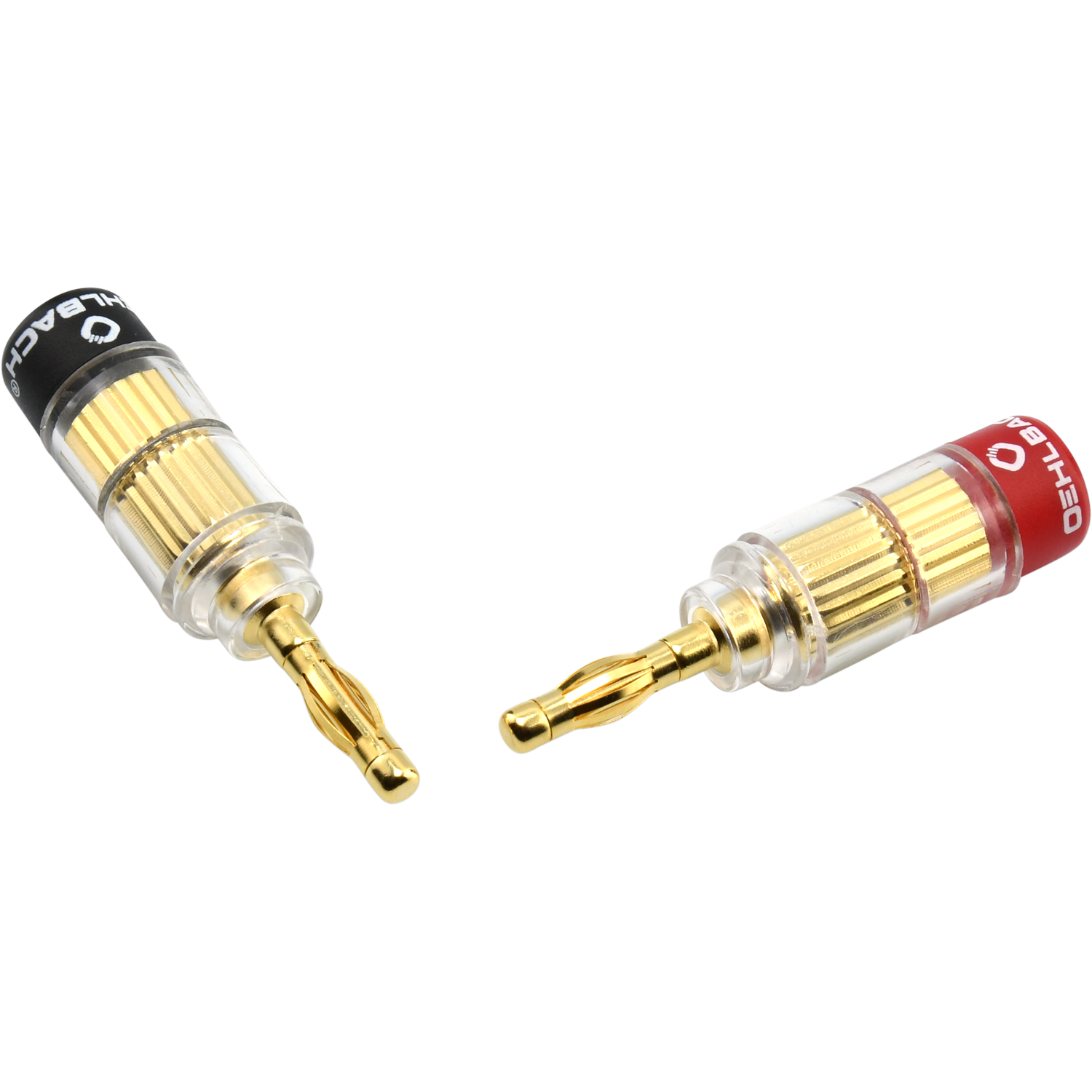 Zwei Bananenstecker. Einer ist schwarz, der andere rot. Beide haben Goldkontakte.