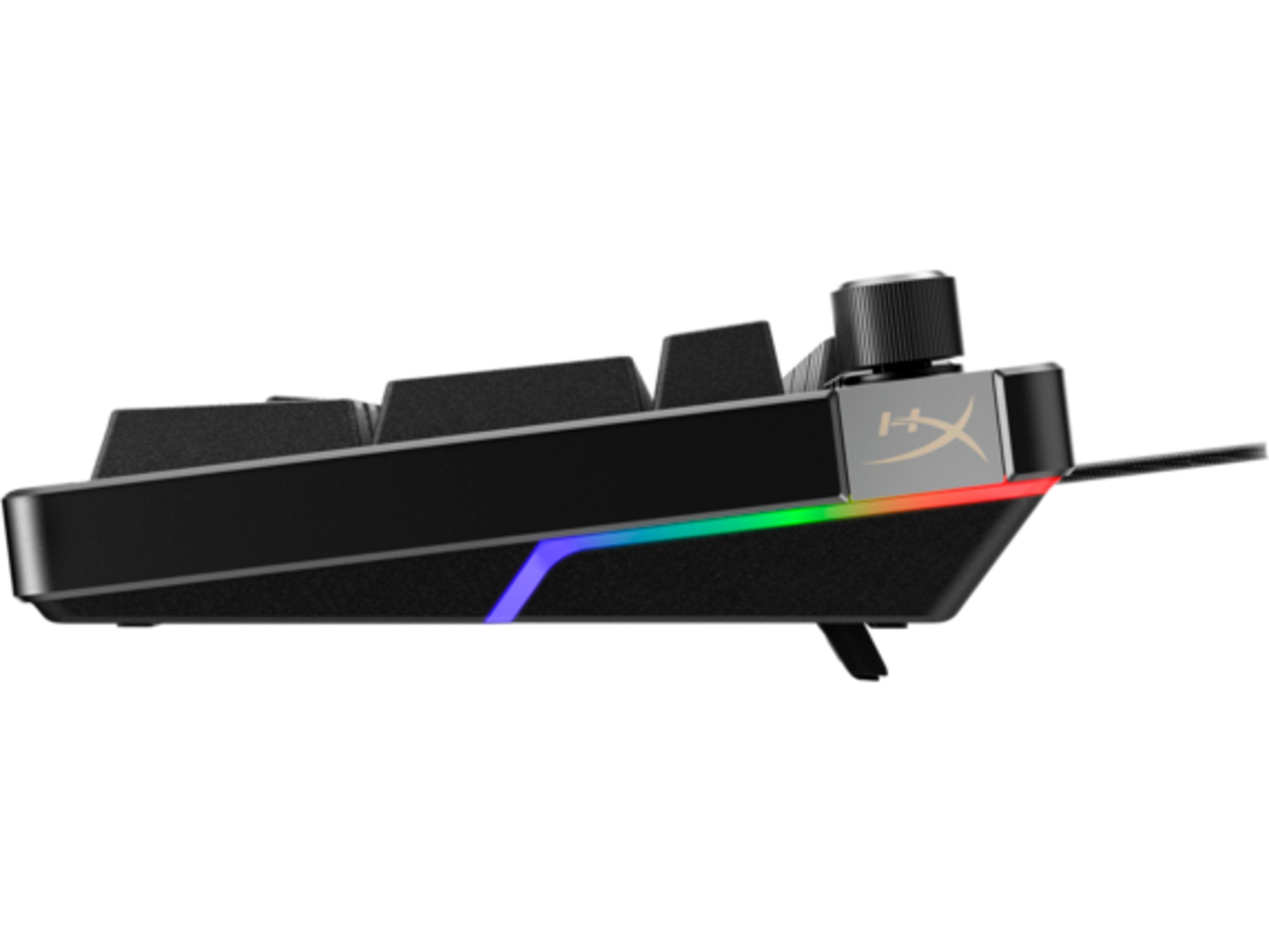 Seitenansicht einer schwarzen mechanischen Tastatur mit Regenbogenbeleuchtung am unteren Rand.