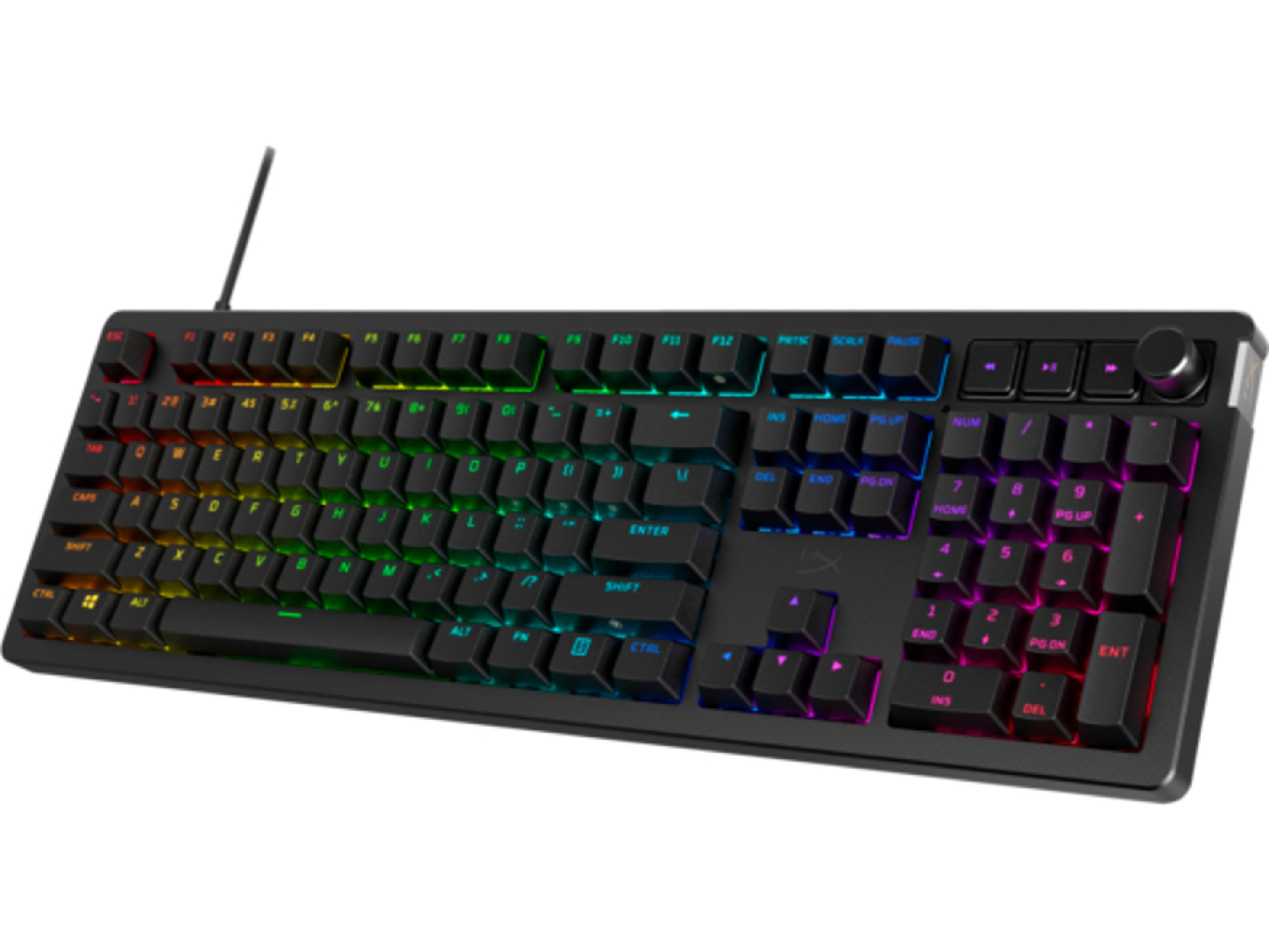 Eine schwarze mechanische Tastatur mit regenbogenfarbenen Tasten, einem Nummernblock und dem HyperX-Logo.