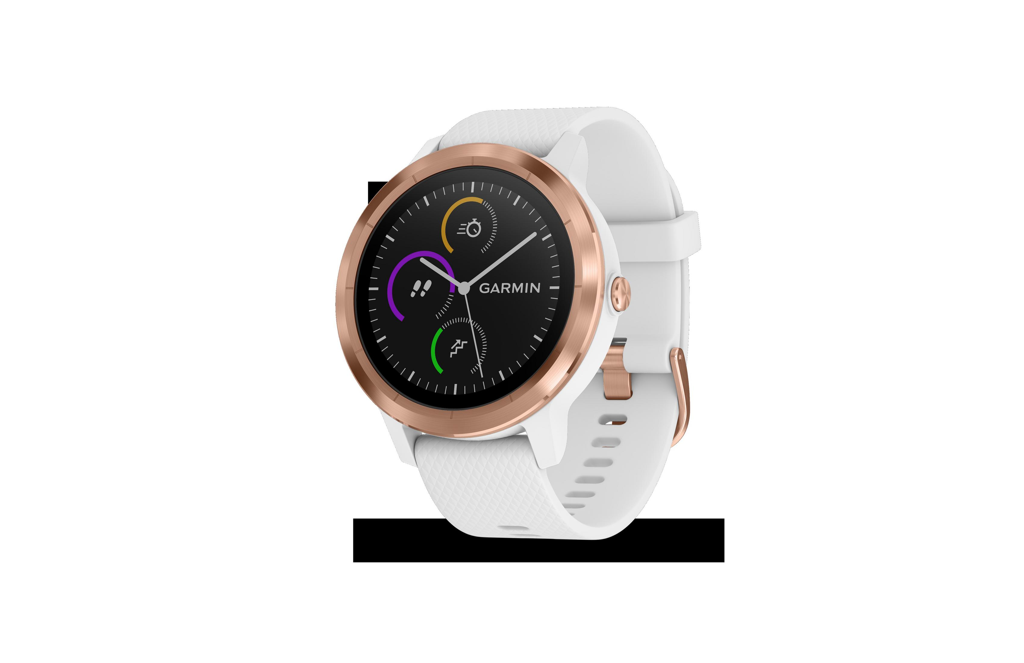 Eine Garmin Smartwatch mit weißem Armband, roségoldfarbener Lünette und schwarzem Zifferblatt.