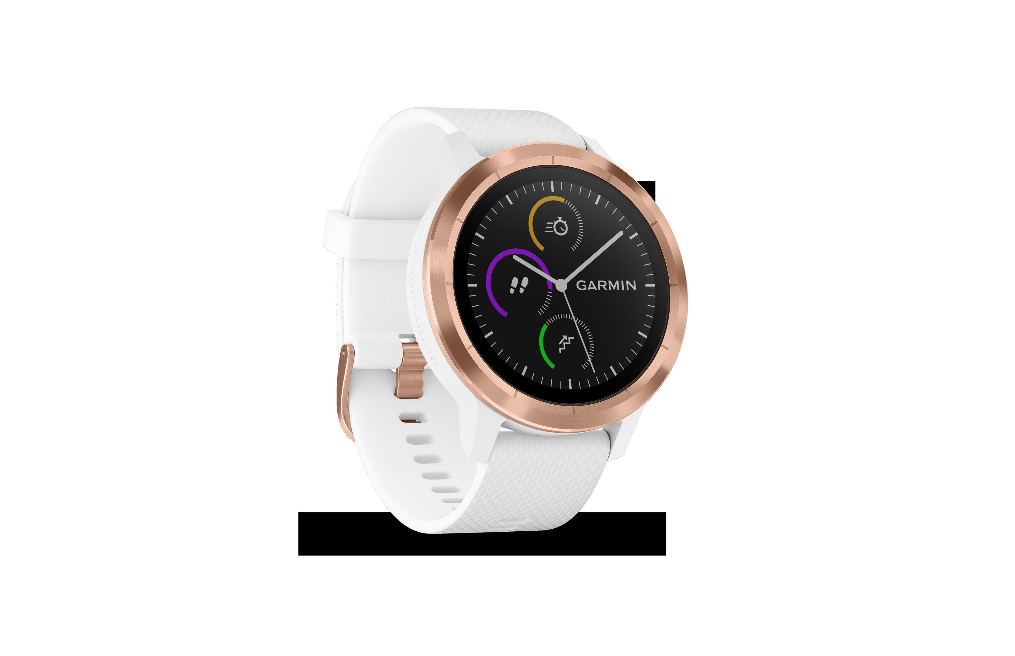 Garmin Smartwatch, weißes Armband, roségoldfarbene Lünette, schwarzes Zifferblatt, farbige Anzeigen. Winkelansicht.