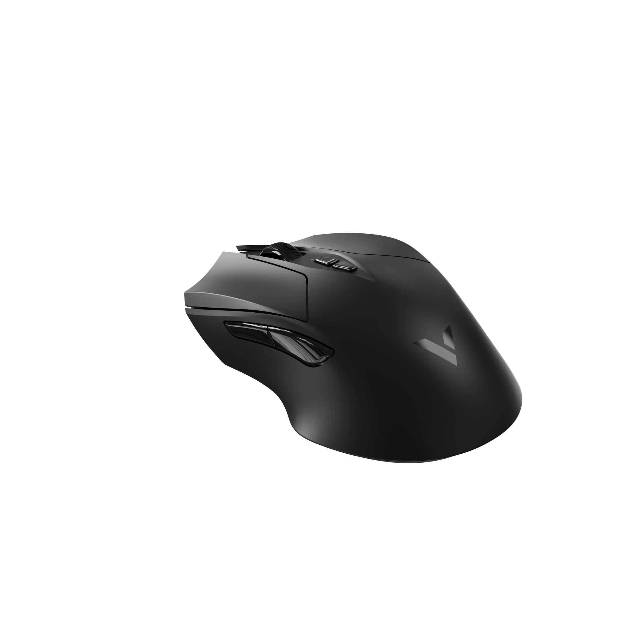 Eine schwarze Maus mit strukturierter Oberfläche. Es hat Knöpfe und ein Scrollrad. Winkelansicht. Weißer Hintergrund.