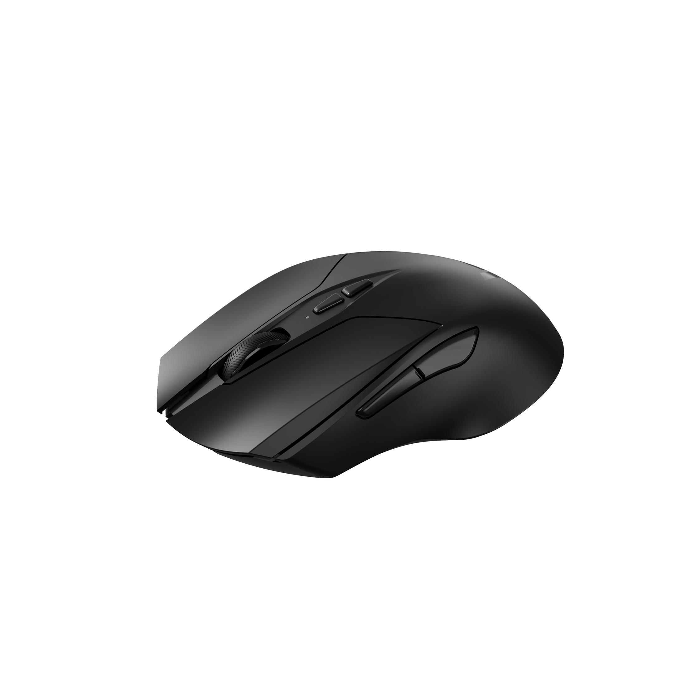 Eine schwarze Maus mit Knöpfen und einem Scrollrad. Der Hintergrund ist weiß. Winkelansicht.