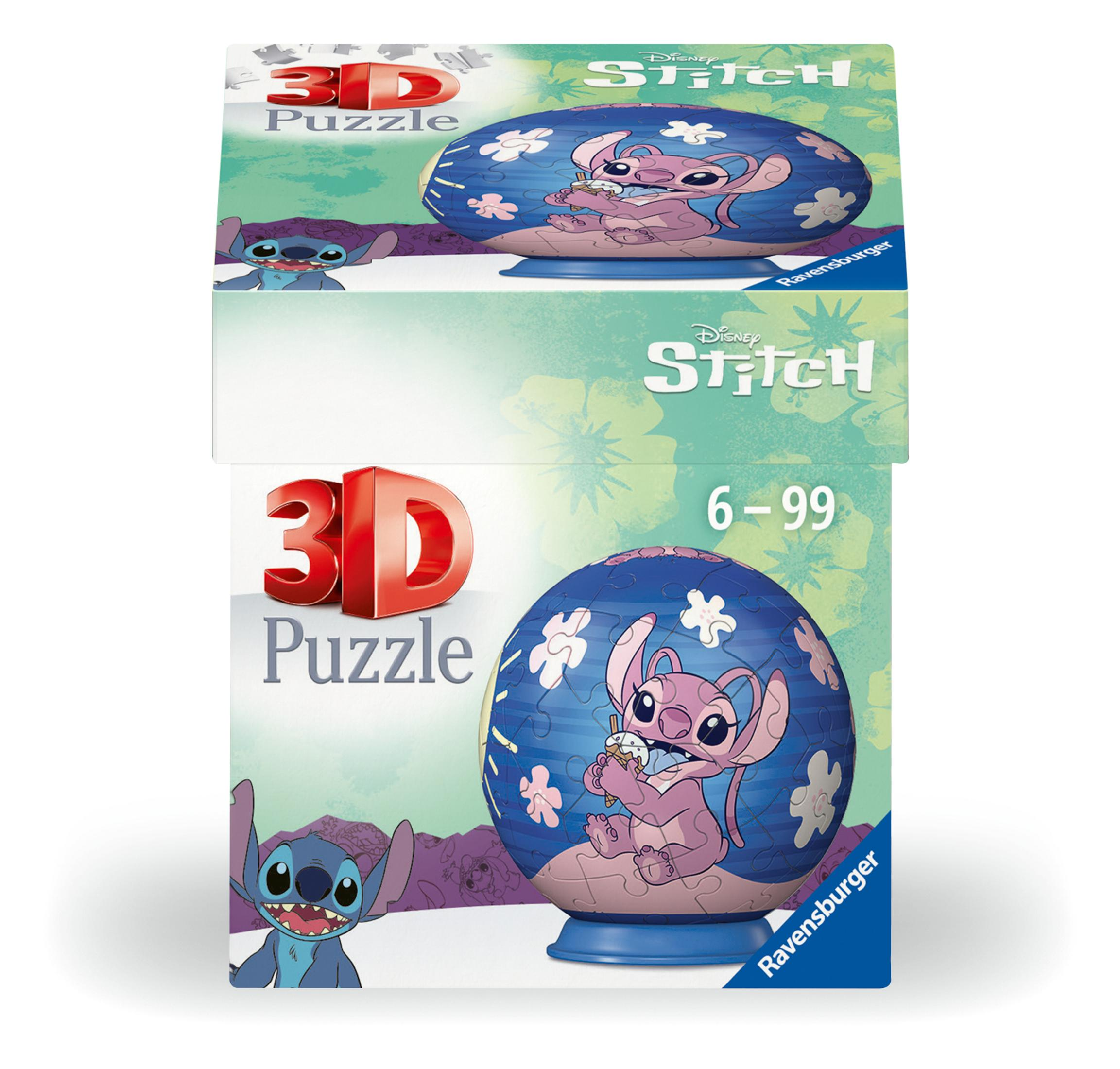 Una scatola di puzzle 3D con Stitch, un alieno blu, che mangia il gelato. La scatola è in 2 parti.