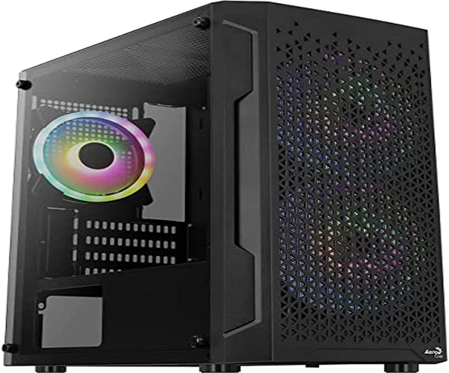 Un case per computer nero con una ventola arcobaleno e un pannello laterale in vetro.