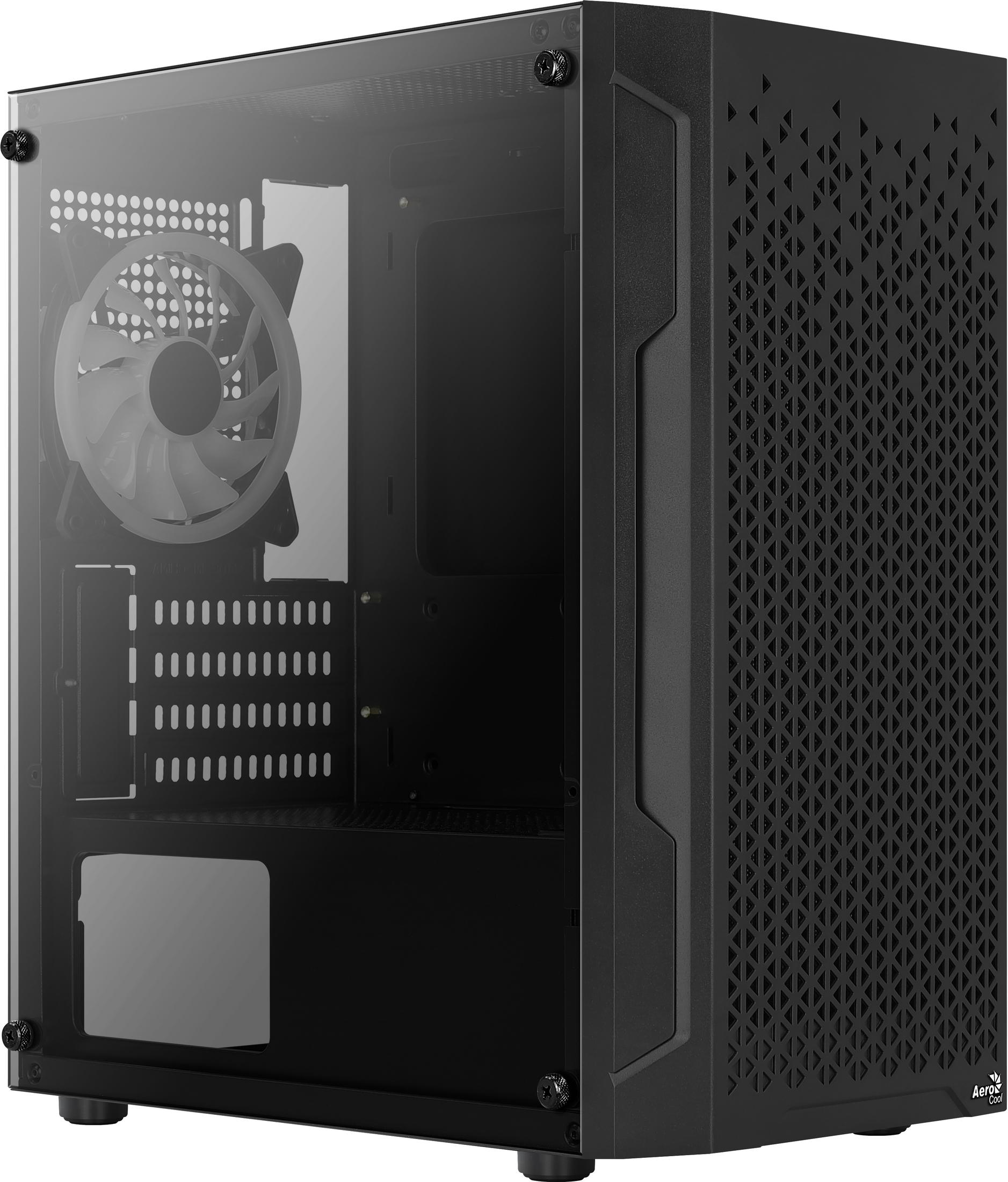 Case per computer nero con pannello laterale in vetro. È visibile una grande ventola e il pannello frontale ha un design unico.