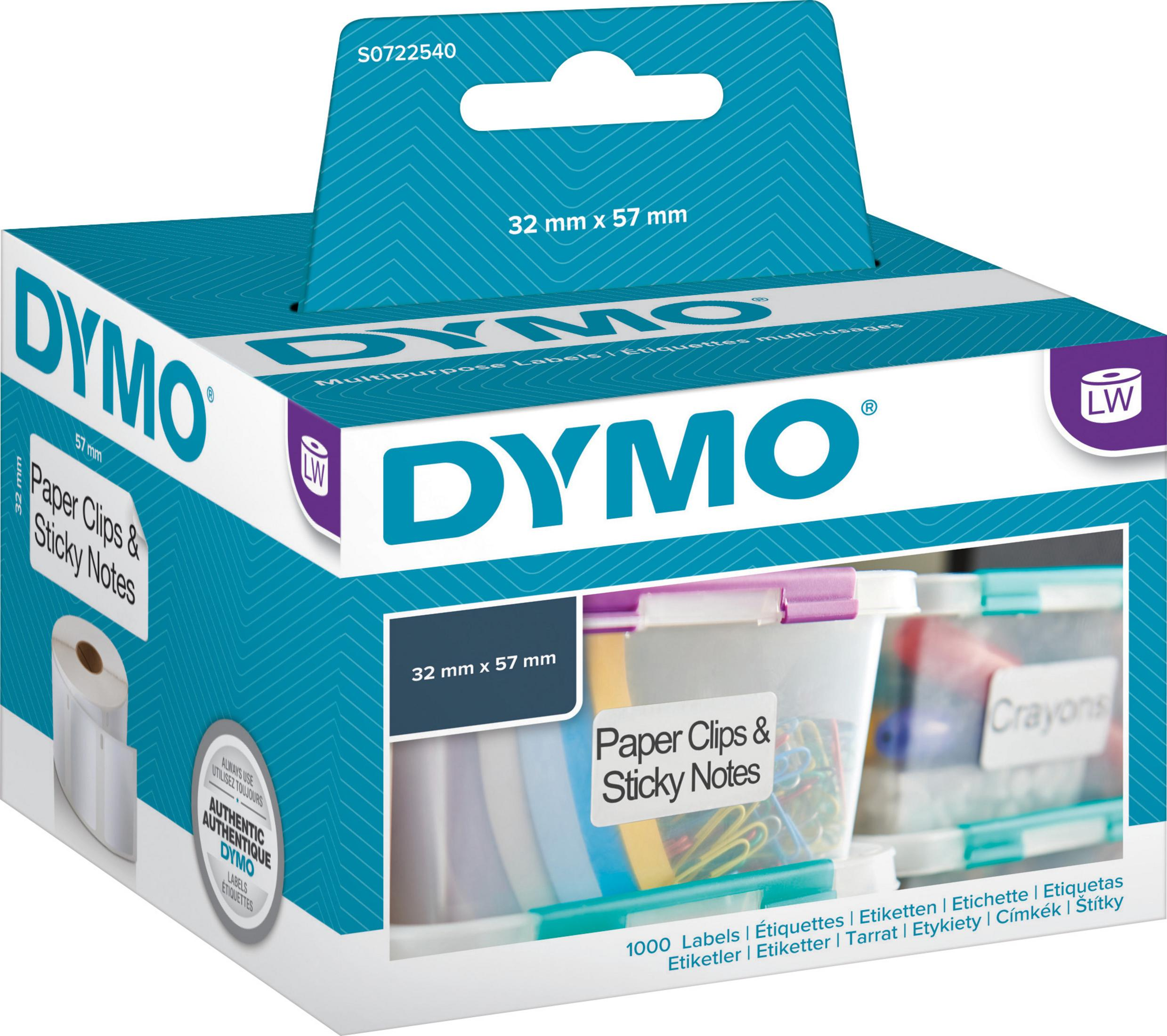 Eine DYMO-Box mit Etiketten und Haftnotizen. Die Box ist türkis und weiß und zeigt den Inhalt.