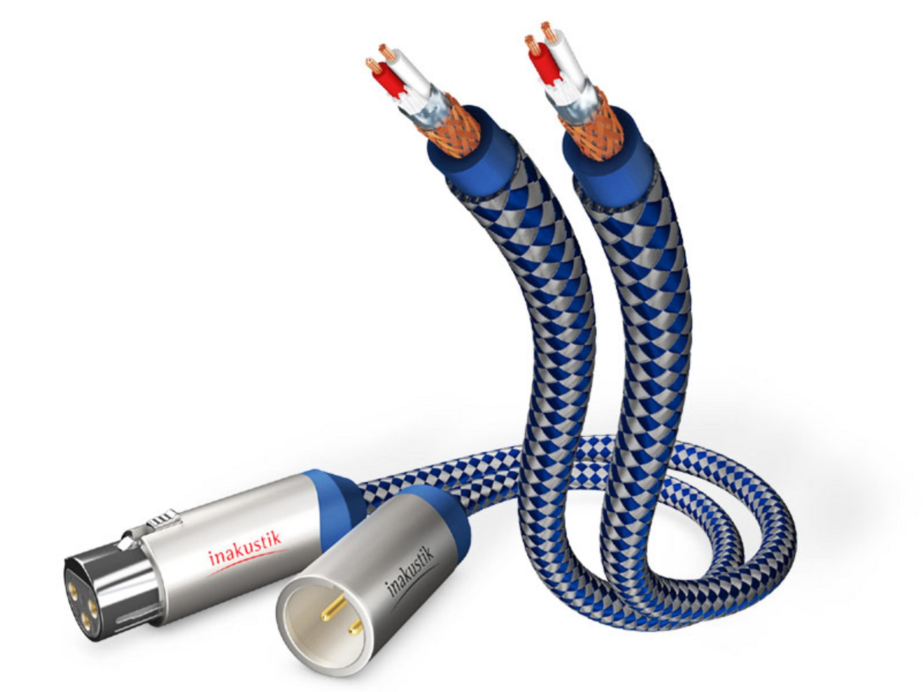 Zwei Audiokabel mit silbernen Anschlüssen und einem blau-silber gemusterten Kabel.