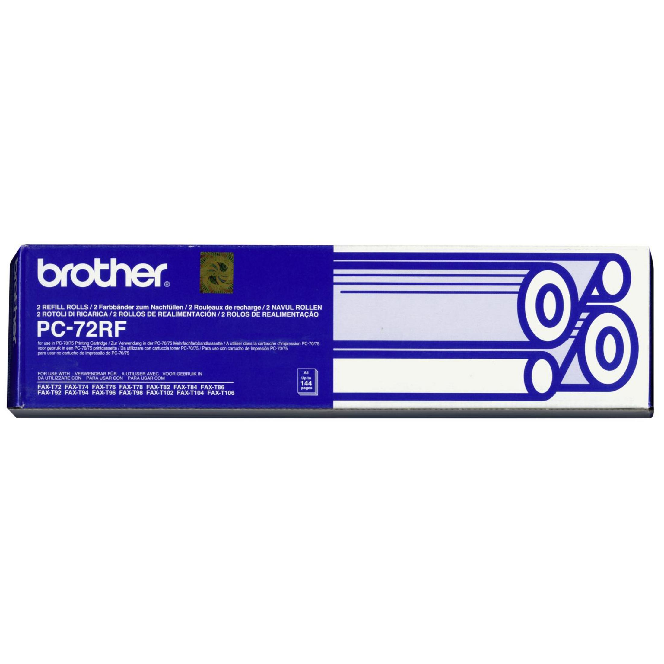Eine Brother PC-72RF Nachfüllrollenbox. Die Box ist blau-weiß mit Text und einer Grafik einer Rolle.