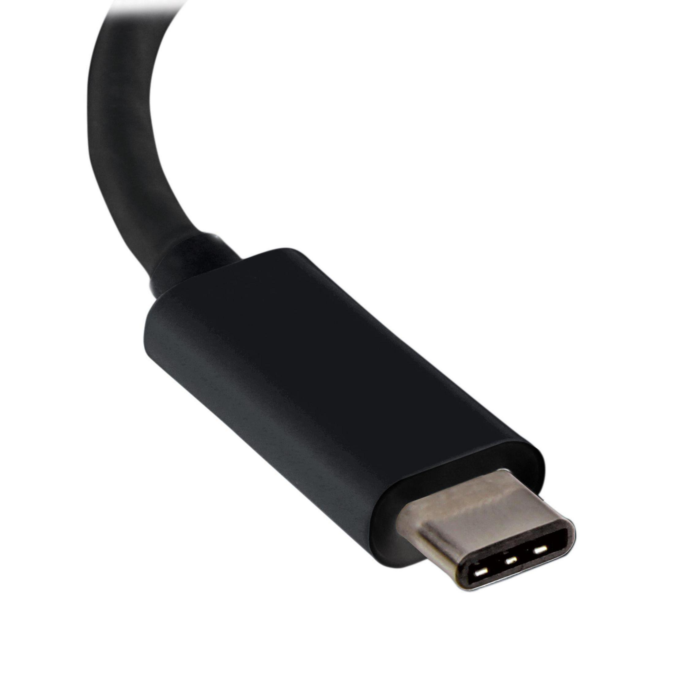 Nahaufnahme eines schwarzen USB-C-Anschlusses mit einem schwarzen Kabel. Der Anschluss hat einen silbernen Port.
