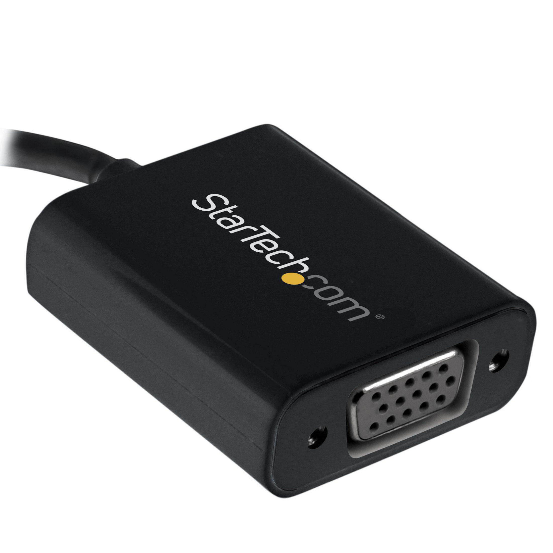 Ein schwarzer Adapter mit dem StarTech.com-Logo. Er hat einen VGA-Anschluss.