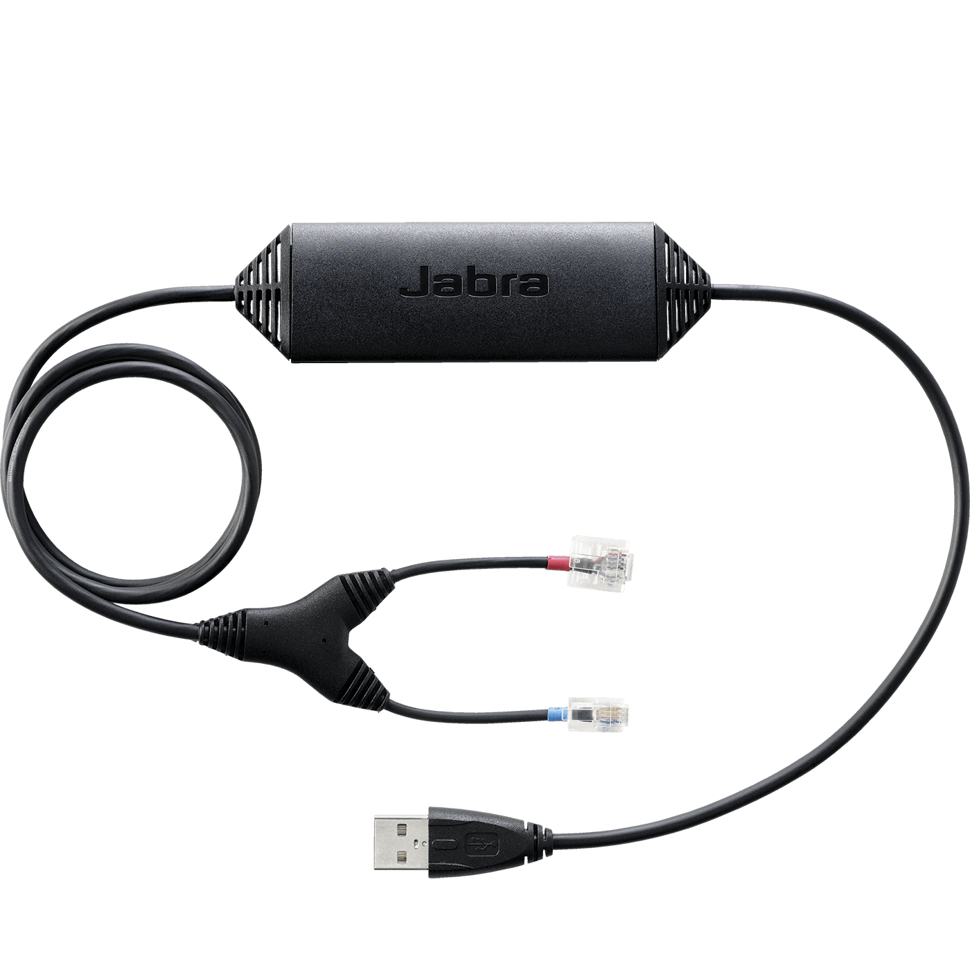 Schwarzer Jabra Adapter mit USB-Anschluss und zwei Telefonsteckern.
