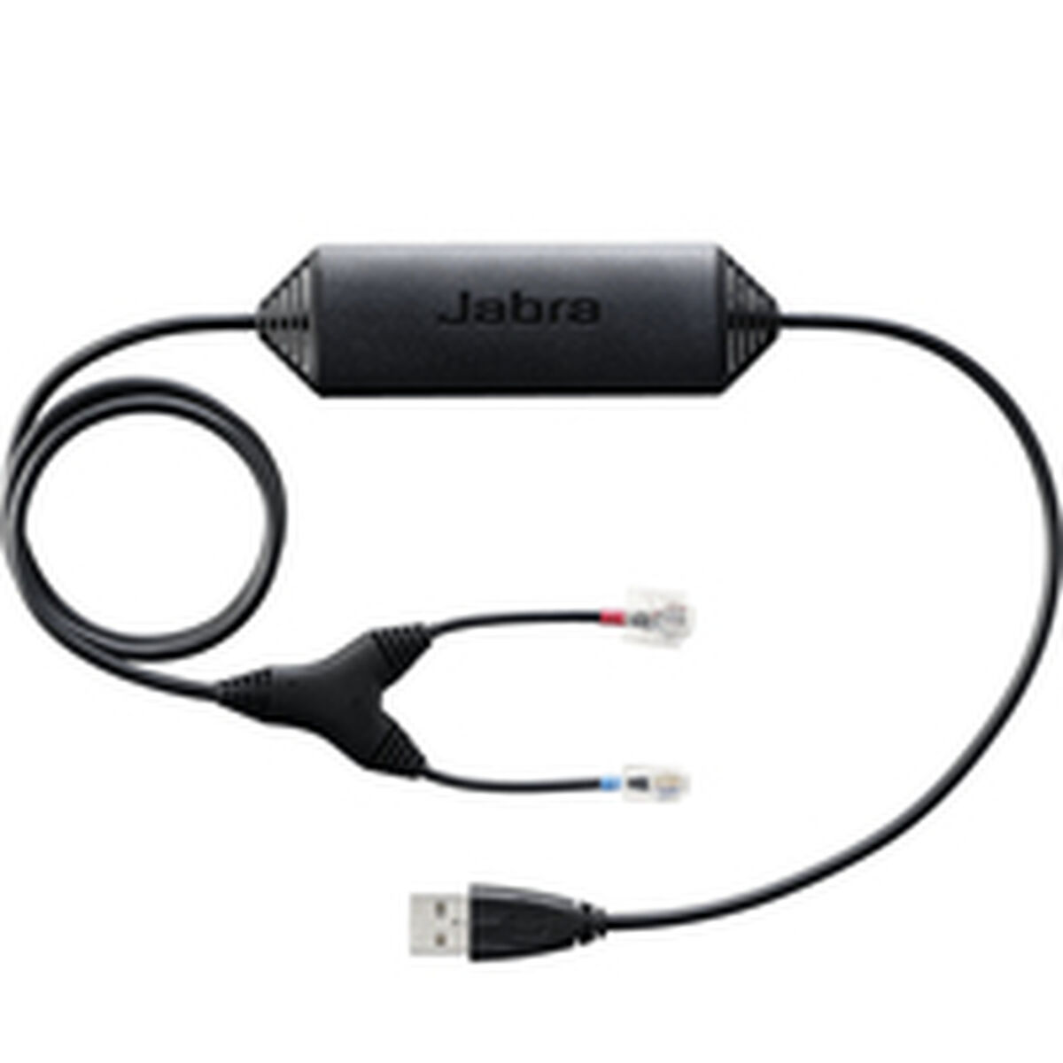 Schwarzer Jabra Adapter mit USB-Anschluss und zwei Telefonsteckern.