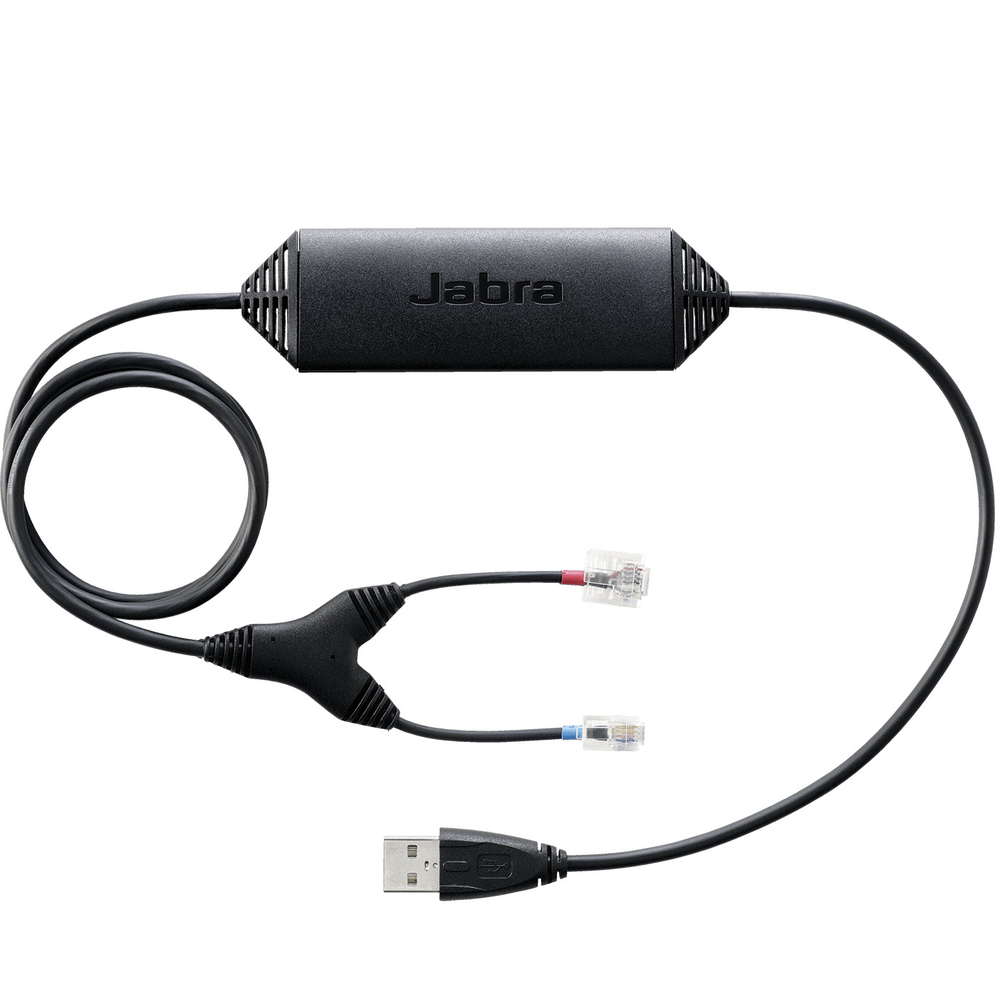 Schwarzer Jabra Adapter mit USB-Anschluss und zwei Telefonsteckern.