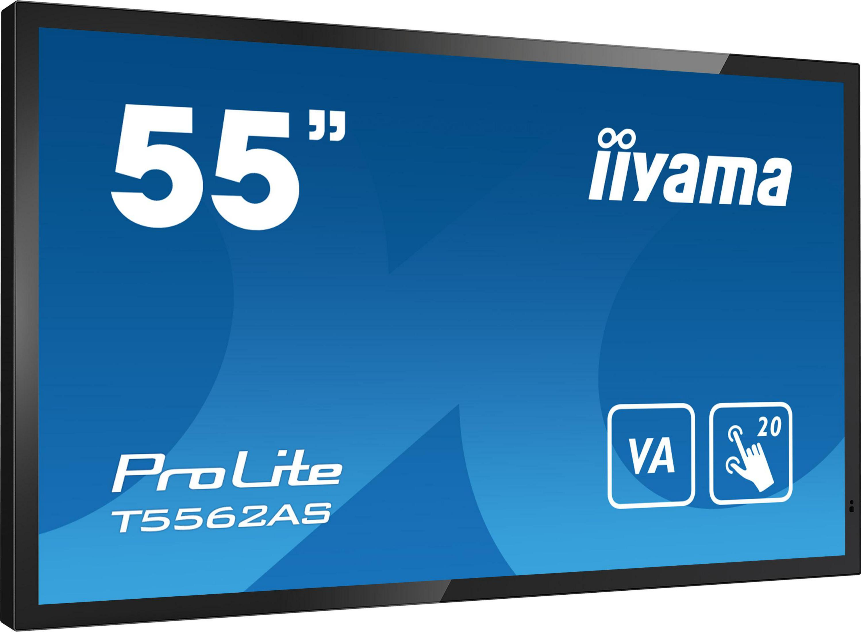 Un grande schermo TV nero con il testo '55"' e 'iiyama' su sfondo blu.