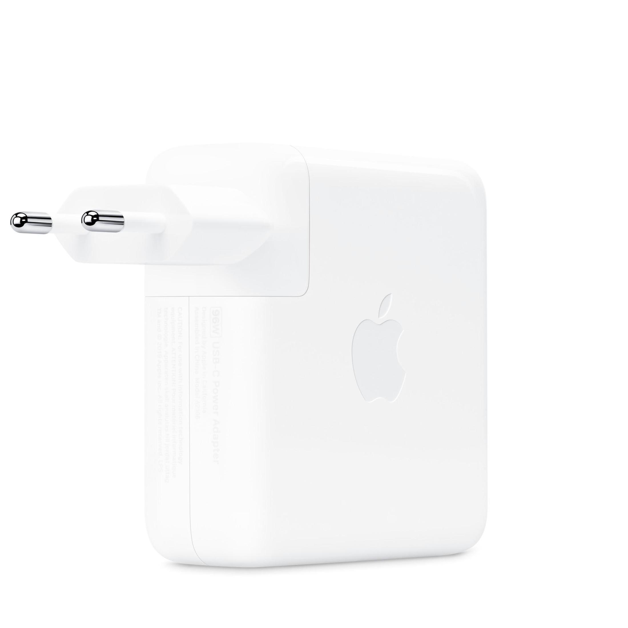Caricabatterie Apple bianco con spina. Logo Apple sul caricabatterie.