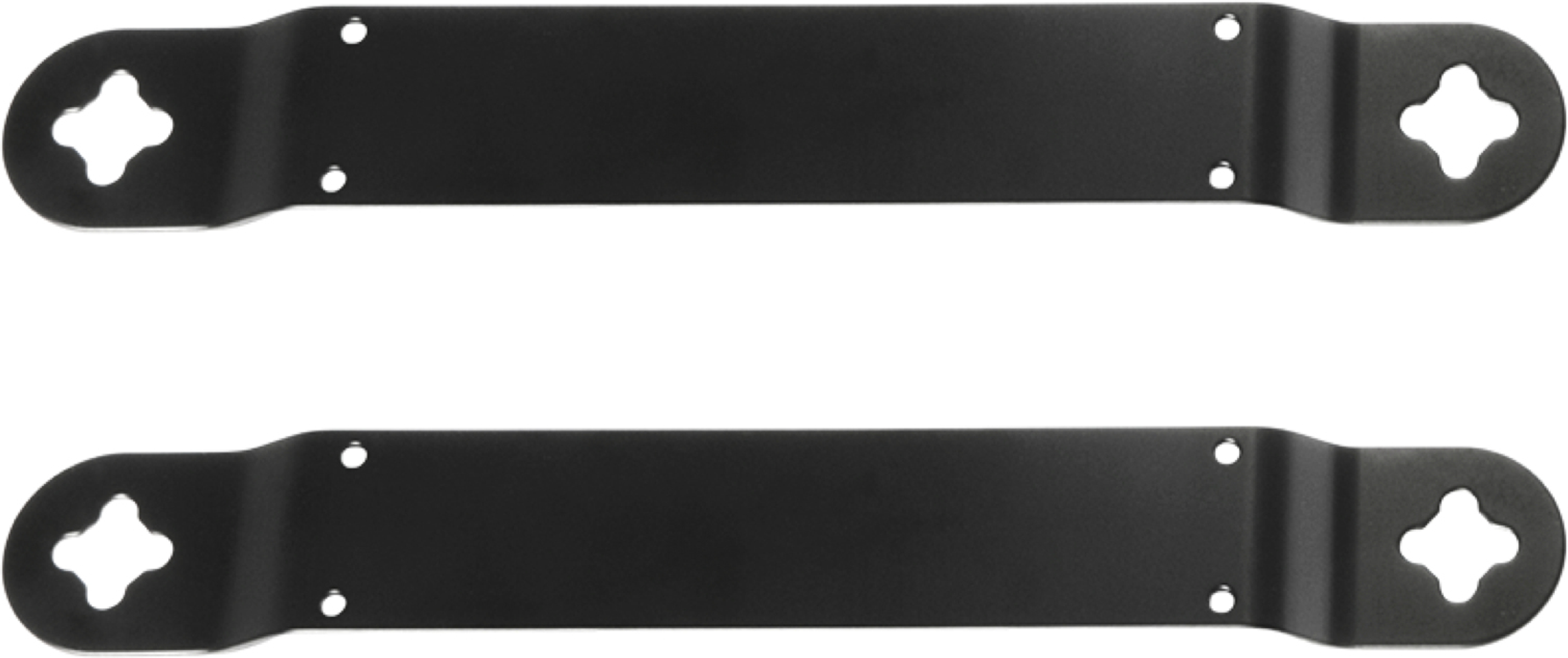 Due staffe in metallo nero con fori e intagli a forma di croce, sfondo bianco.