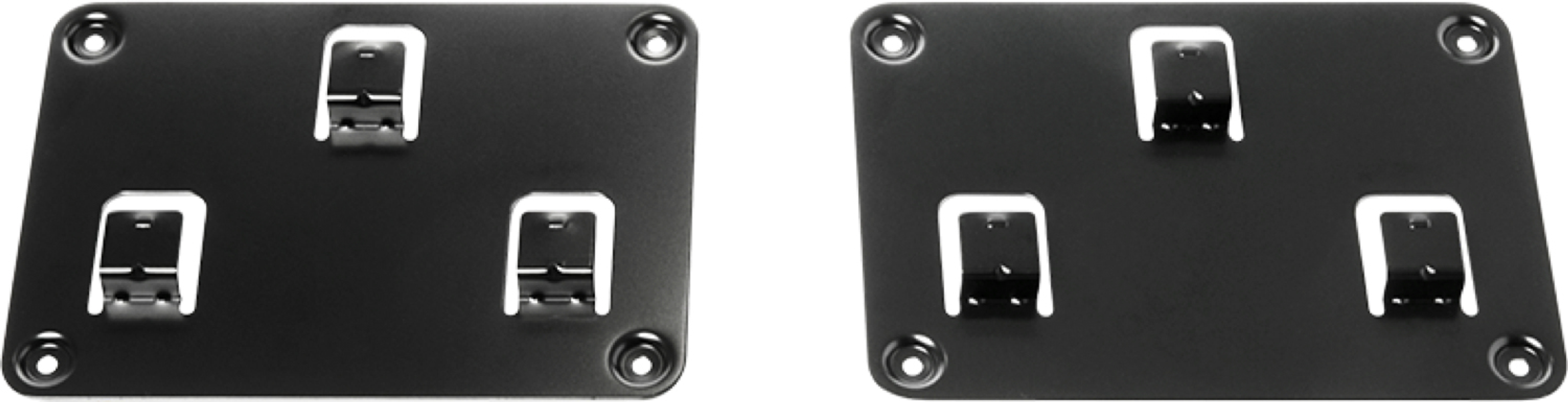 Due piastre metalliche rettangolari nere con fori e clip metalliche, sfondo bianco.
