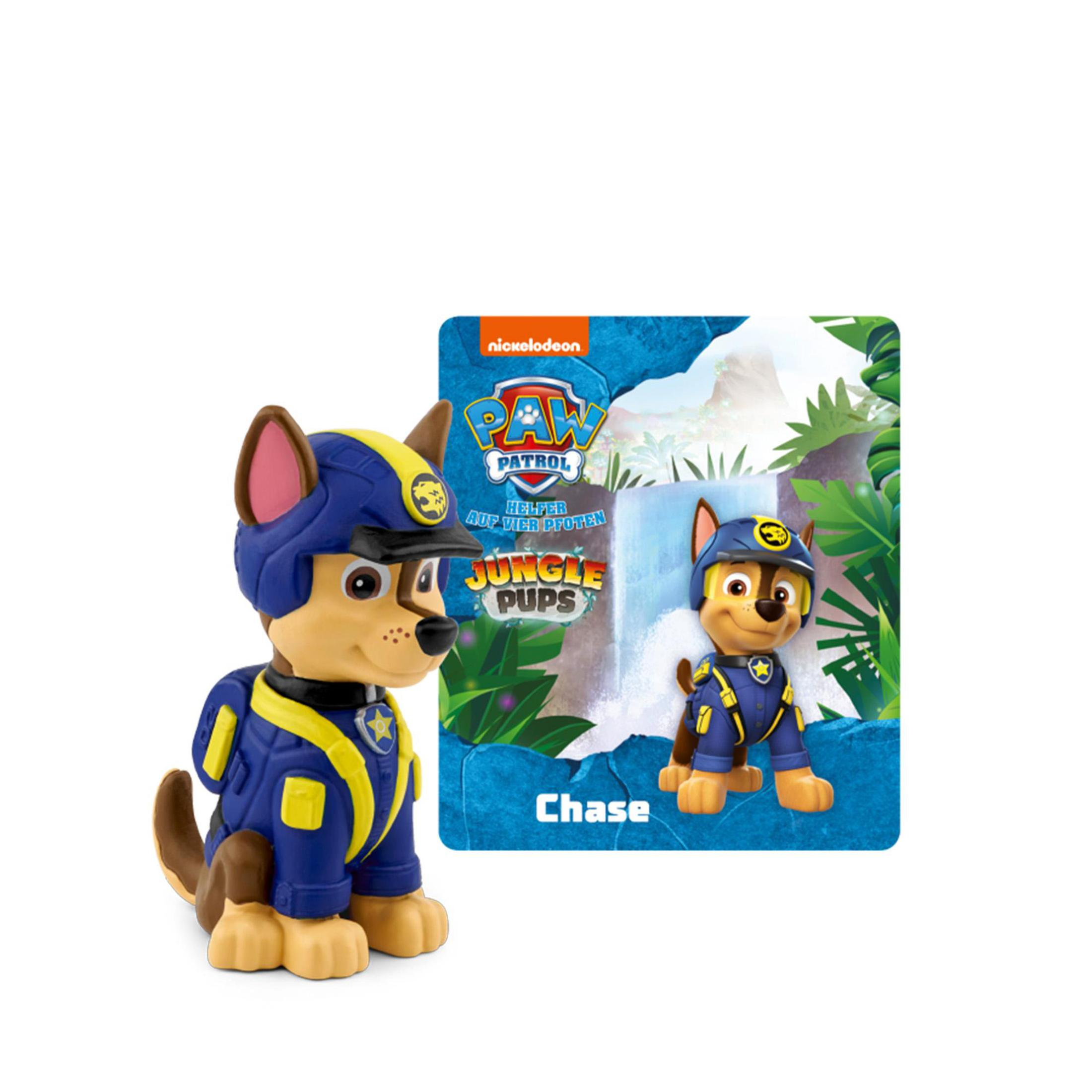 Eine Paw Patrol Chase-Figur mit einer Dschungelkarte, mit Wasserfall, Nickelodeon-Logo und Text.