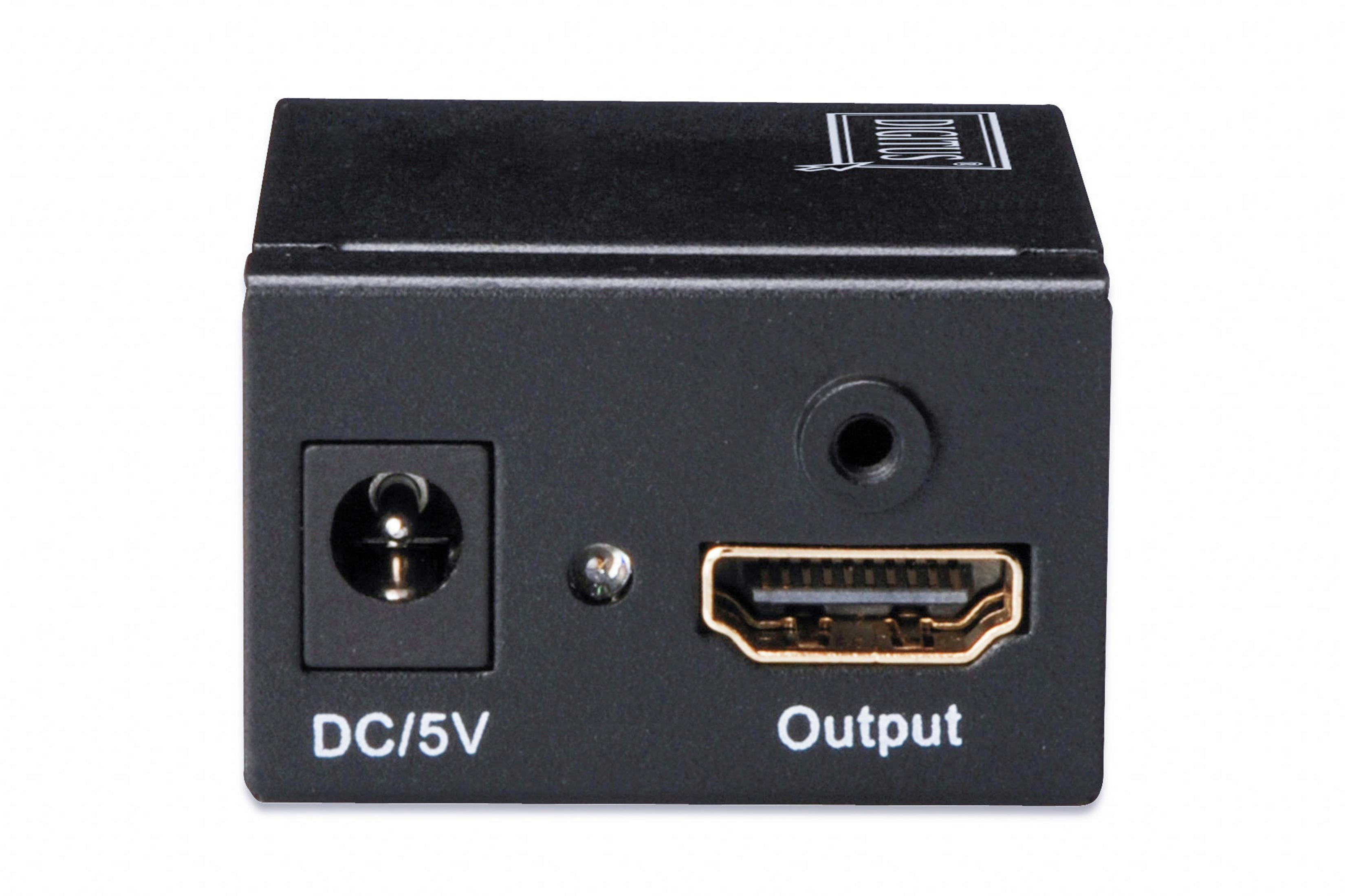 Schwarzer HDMI-Konverter mit den Anschlüssen 'DC/5V' und 'Output'.