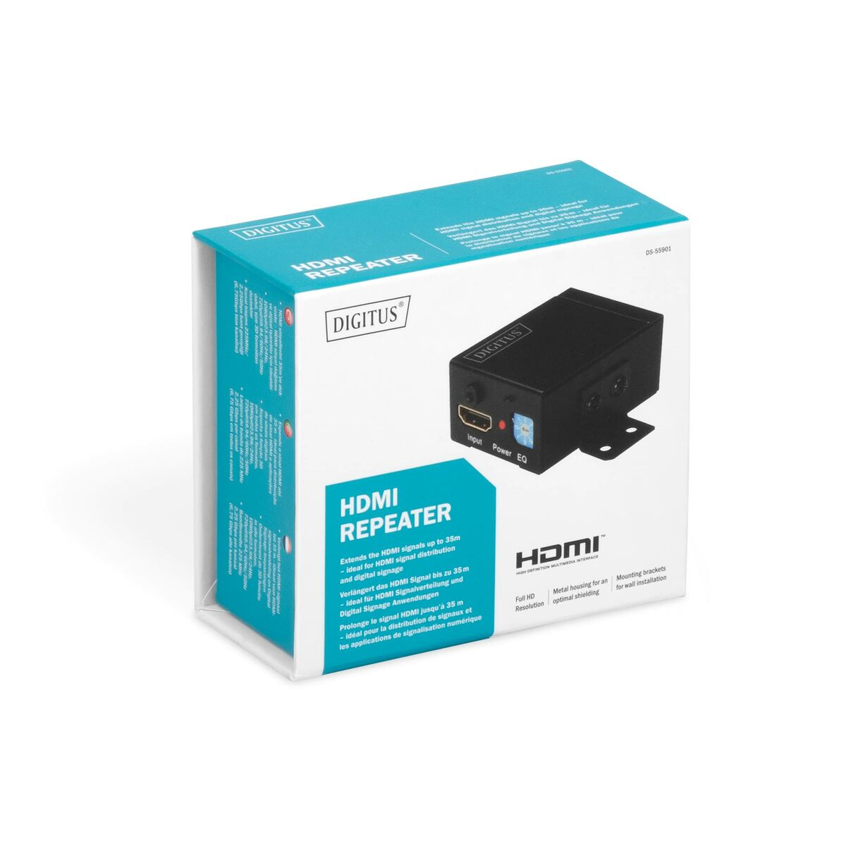 Box mit HDMI-Repeater. Text: HDMI-Repeater, verlängert HDMI-Signale bis zu 35 m.