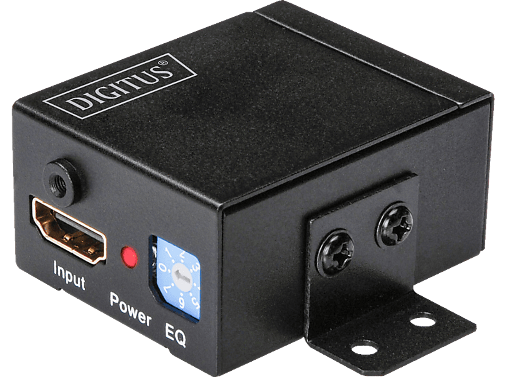 Schwarzer HDMI-Repeater mit Eingangs-, Strom- und EQ-Anschlüssen. Mit Schraubhalterung.