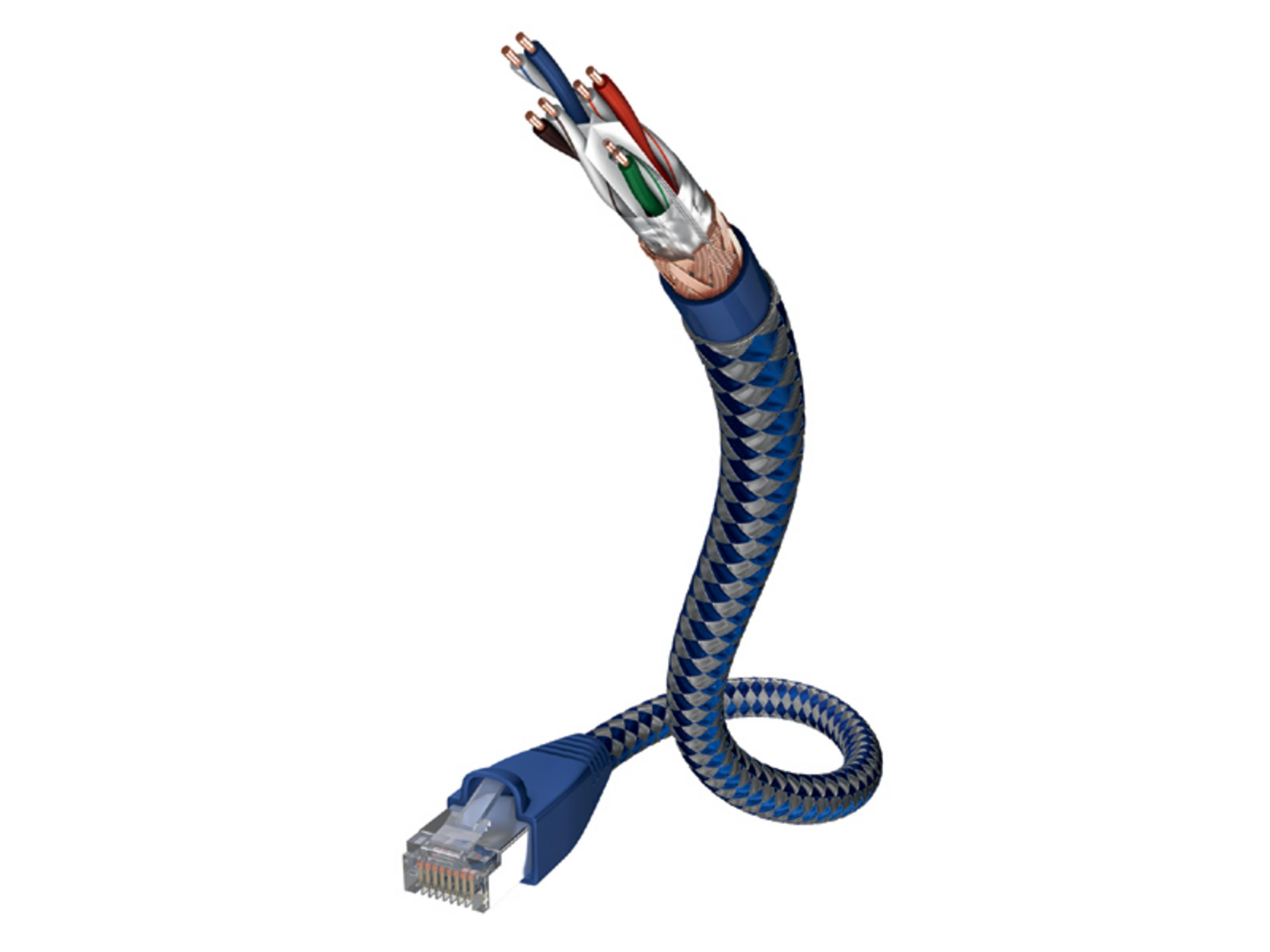 Ein Netzwerkkabel, aufgeschnitten, um die inneren Drähte zu zeigen. Das Kabel ist blau und grau.