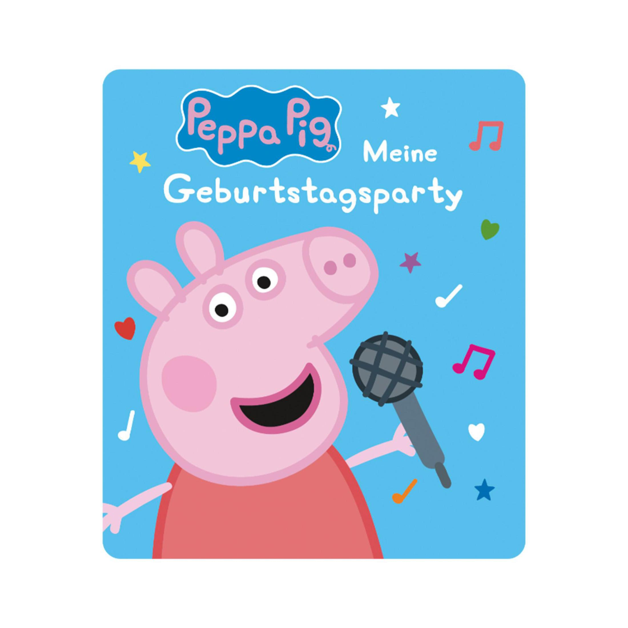 Peppa Wutz Karte mit Peppa, die ein Mikrofon hält. Die Karte hat Text auf Deutsch: 'Meine Geburtstagsparty'.