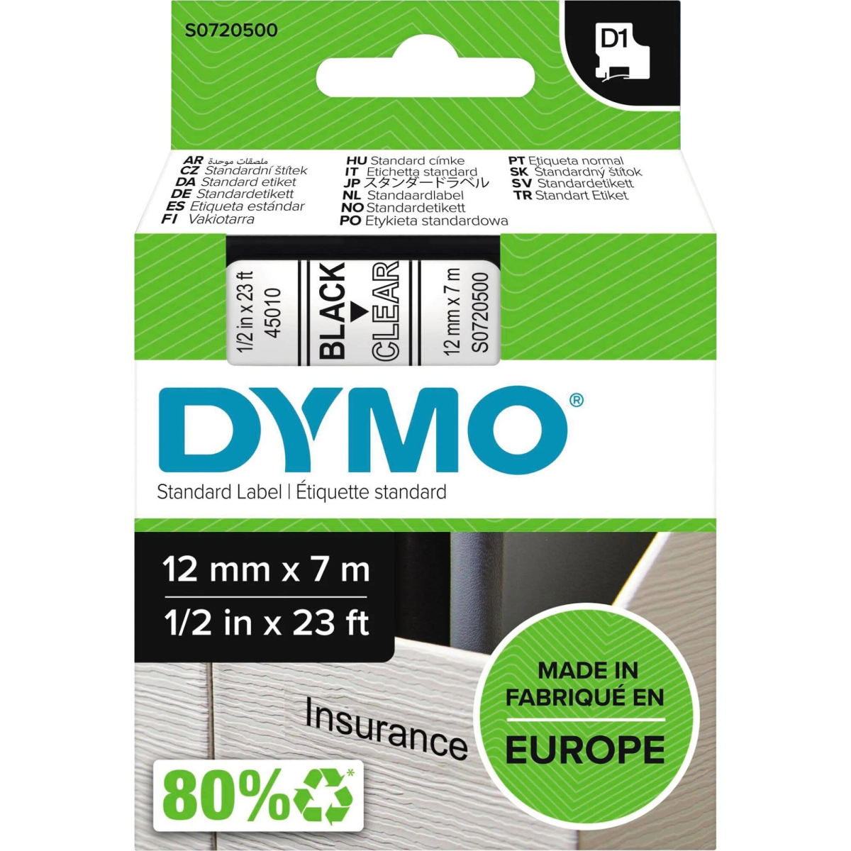 Eine DYMO-Etikettendrucker-Bandkassette. Schwarzer Text auf klarem Hintergrund. 80% recycelt.