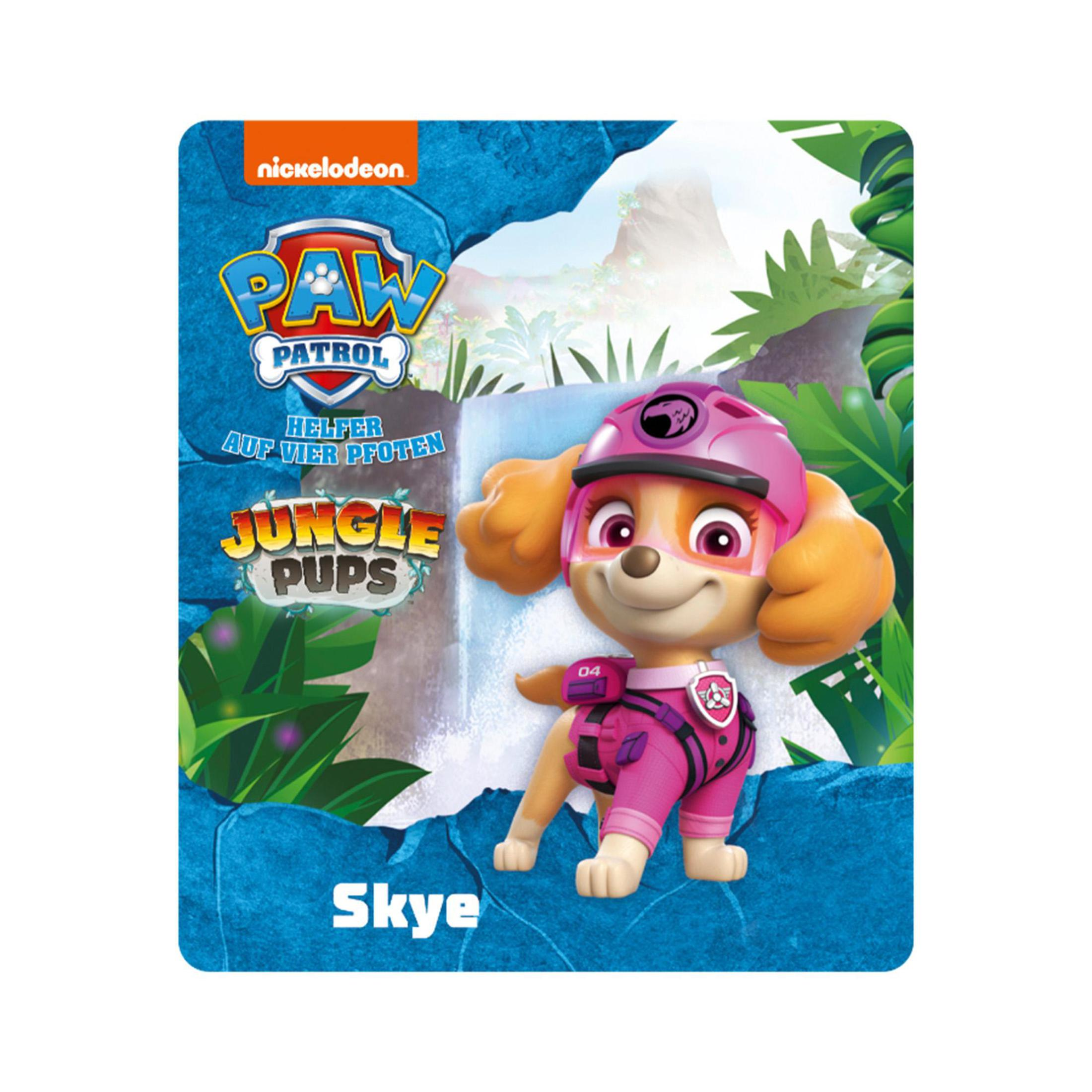 Paw Patrol Skye Figur auf Karte mit Text Dschungel-Welpen und Skyes Namen.