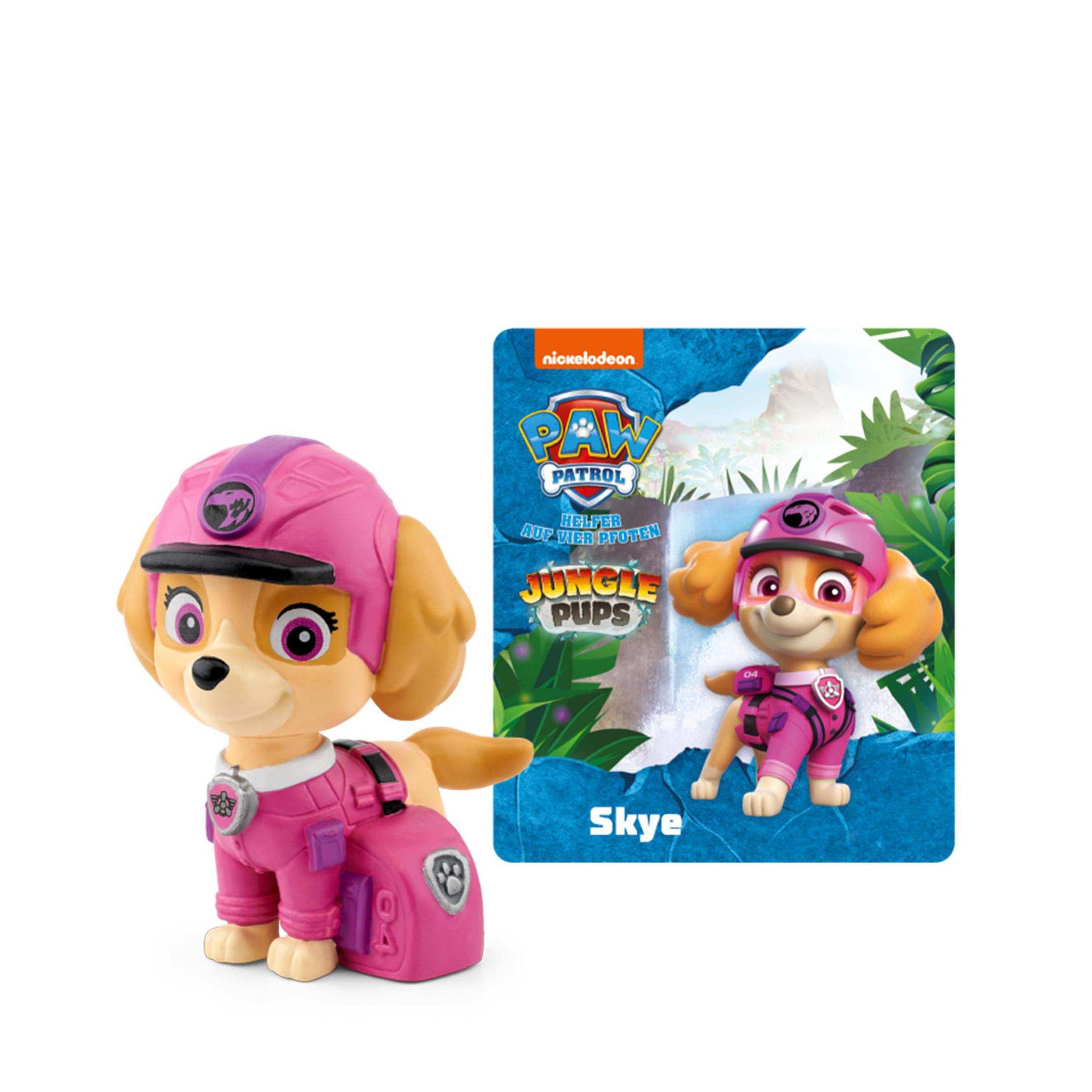 Skye-Figur und Karte, beide zeigen Skye, mit dem Text Dschungel-Welpen.