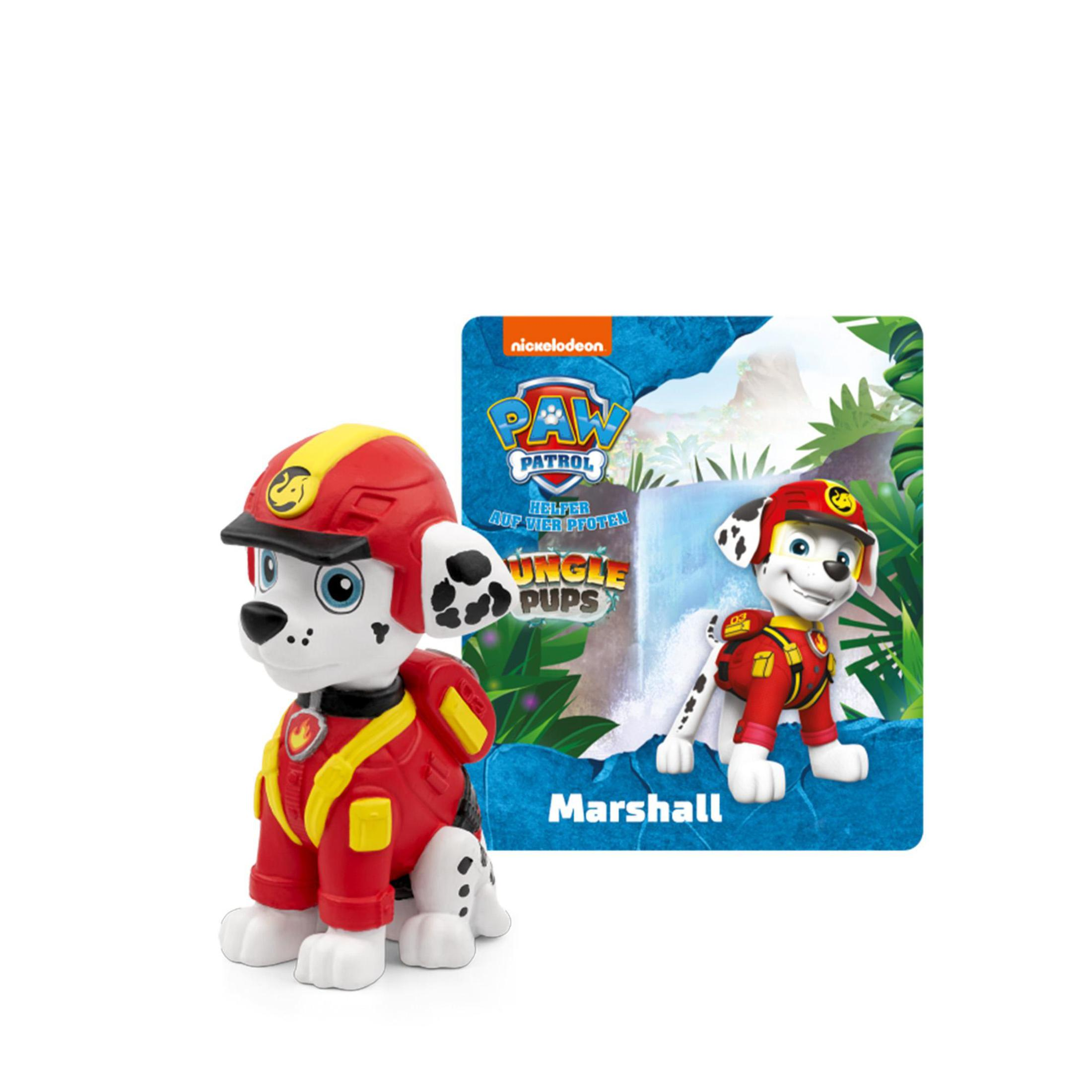 Paw Patrol Marshall Figur und Karte, beide zeigen Marshall, mit Dschungel-Welpen-Text.