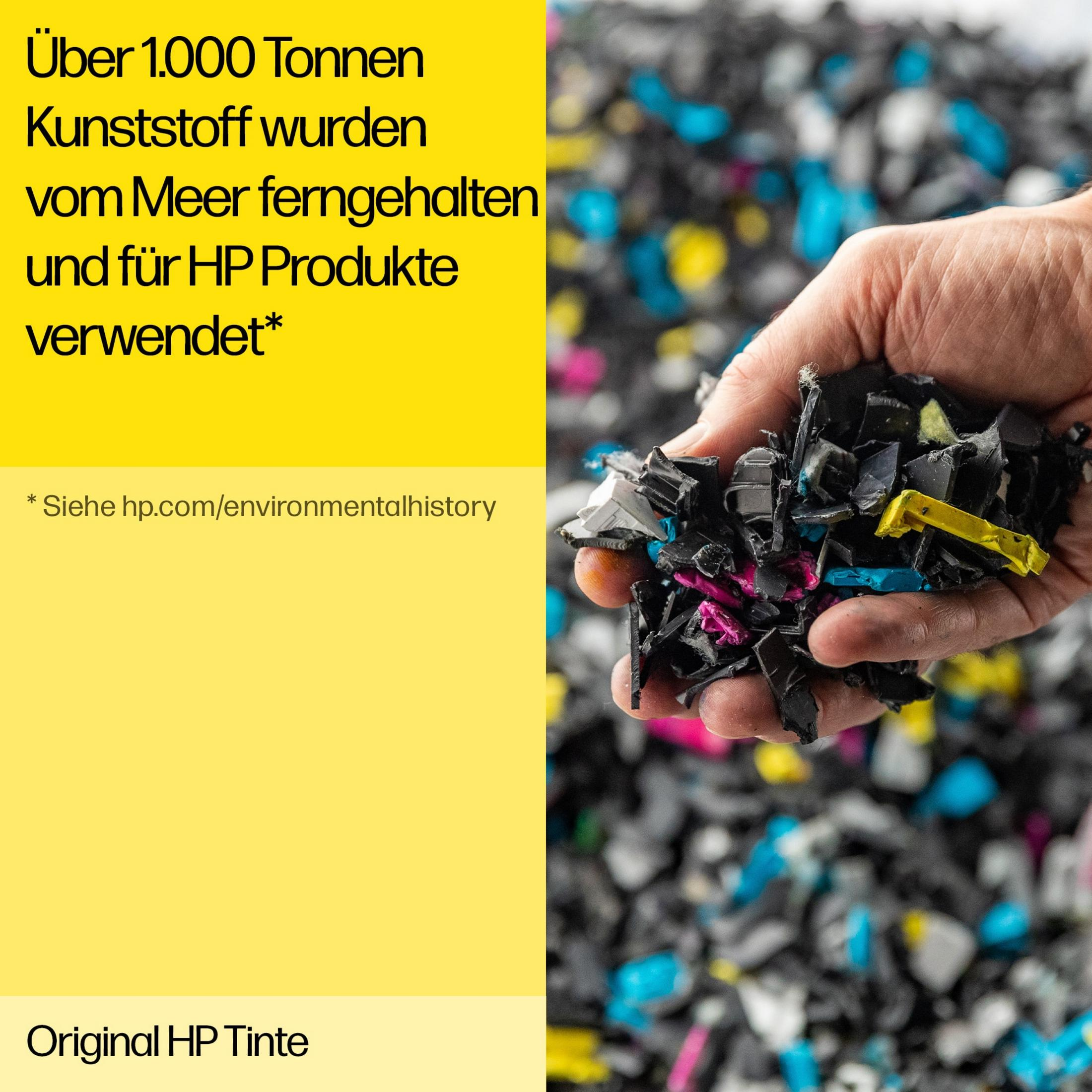 Hände halten eine Handvoll Plastikmüll. Gelber Hintergrund mit Text über Recycling für HP-Produkte.