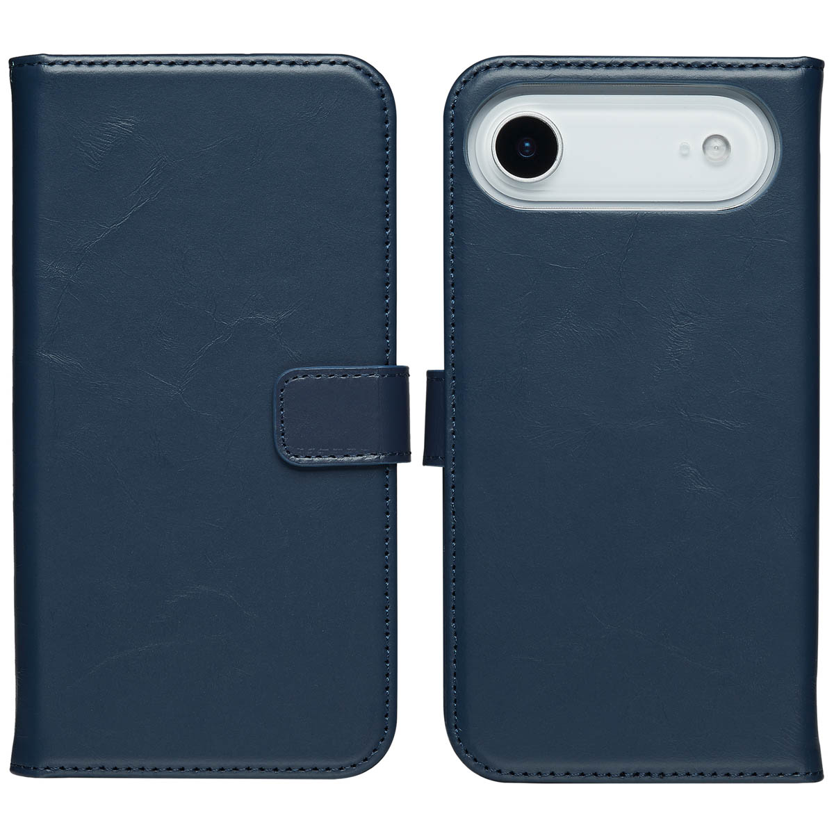 Donkerblauwe telefoonhoes, geopend om de telefoon te laten zien. De telefoon heeft een witte camerabult, met een flap.