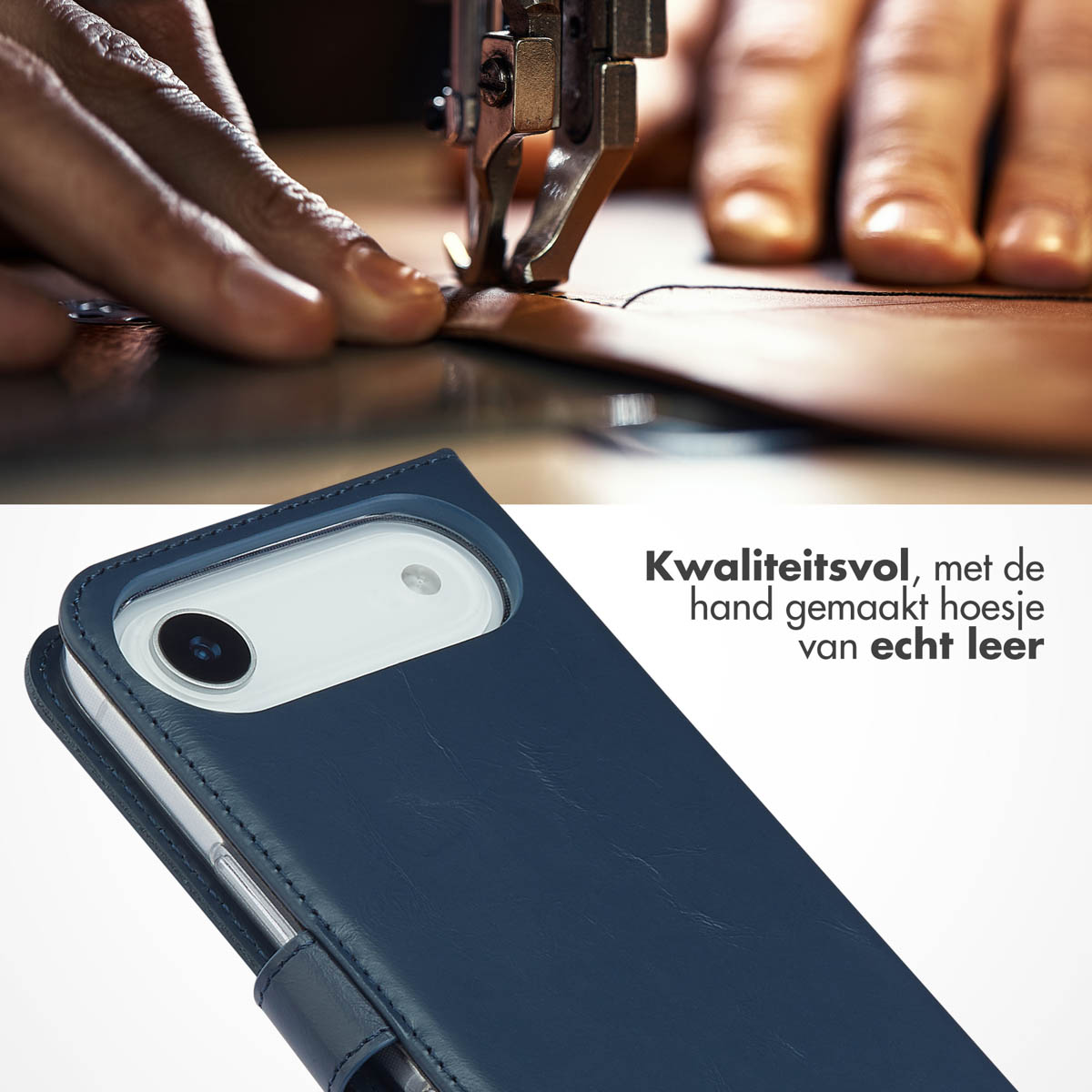 Een telefoonhoesje met een telefoon erin. De hoes is blauw, leer met een witte camerabult en stiksels.
