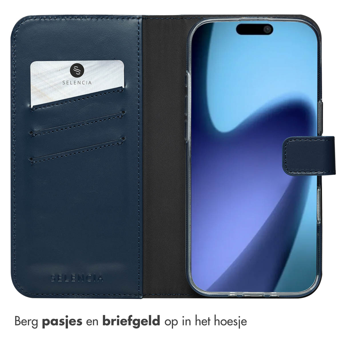 Een blauwe telefoonhoes, open, met een telefoon. Het heeft een kaartsleuf met een witte kaart. De telefoon staat rechts.